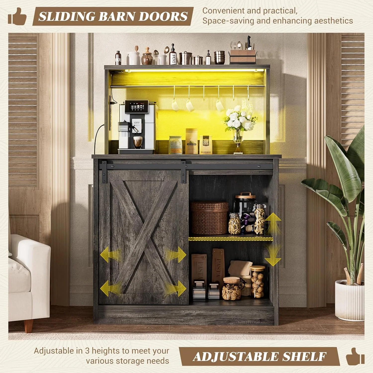 Homieasy Farmhouse Coffee Bar Cabinet with Charging Station, LED Lighting, Adjustable Shelves & Rustic Sliding Barn Door Design for Kitchen, Dining, or Living Room, Black Oak