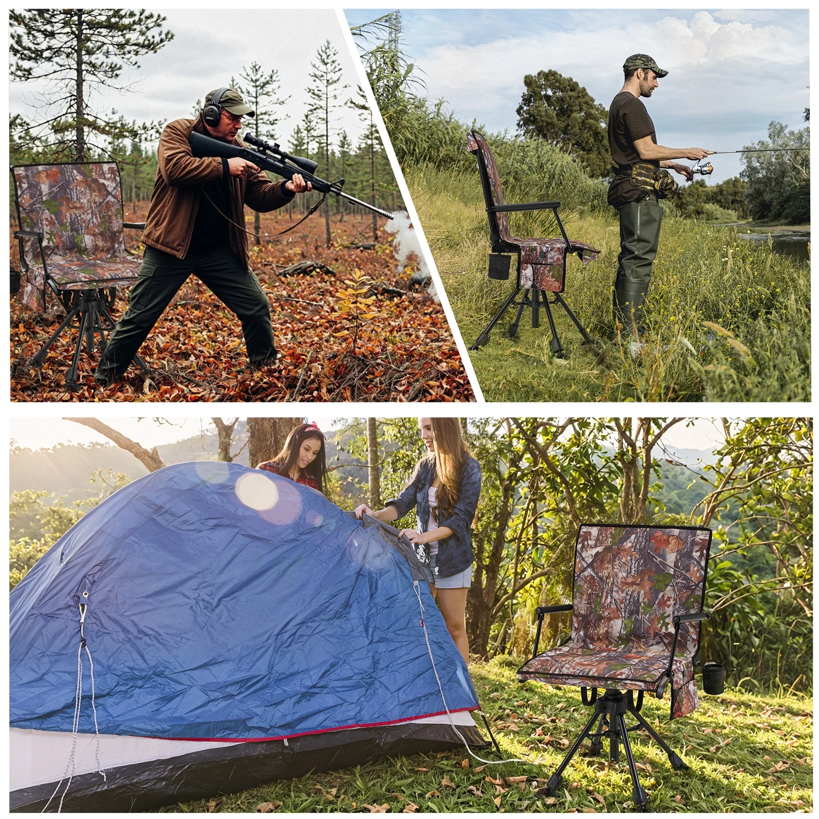 Danrelax 360° Silent Camo Hunting Blind Chair, Armrests, Side Pouch, Telescopic Legs