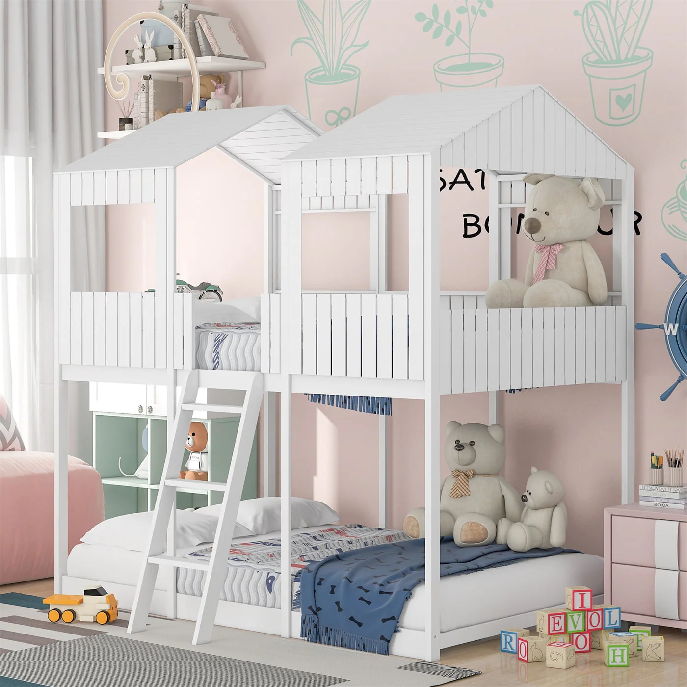 Full Over Full Bunk Bed House Bed with Dual Roofs, Wood Loft Bed Frame with Full-Length Guardrails & Inclined Ladder, Space Saving Design, No Box Spring Needed, White