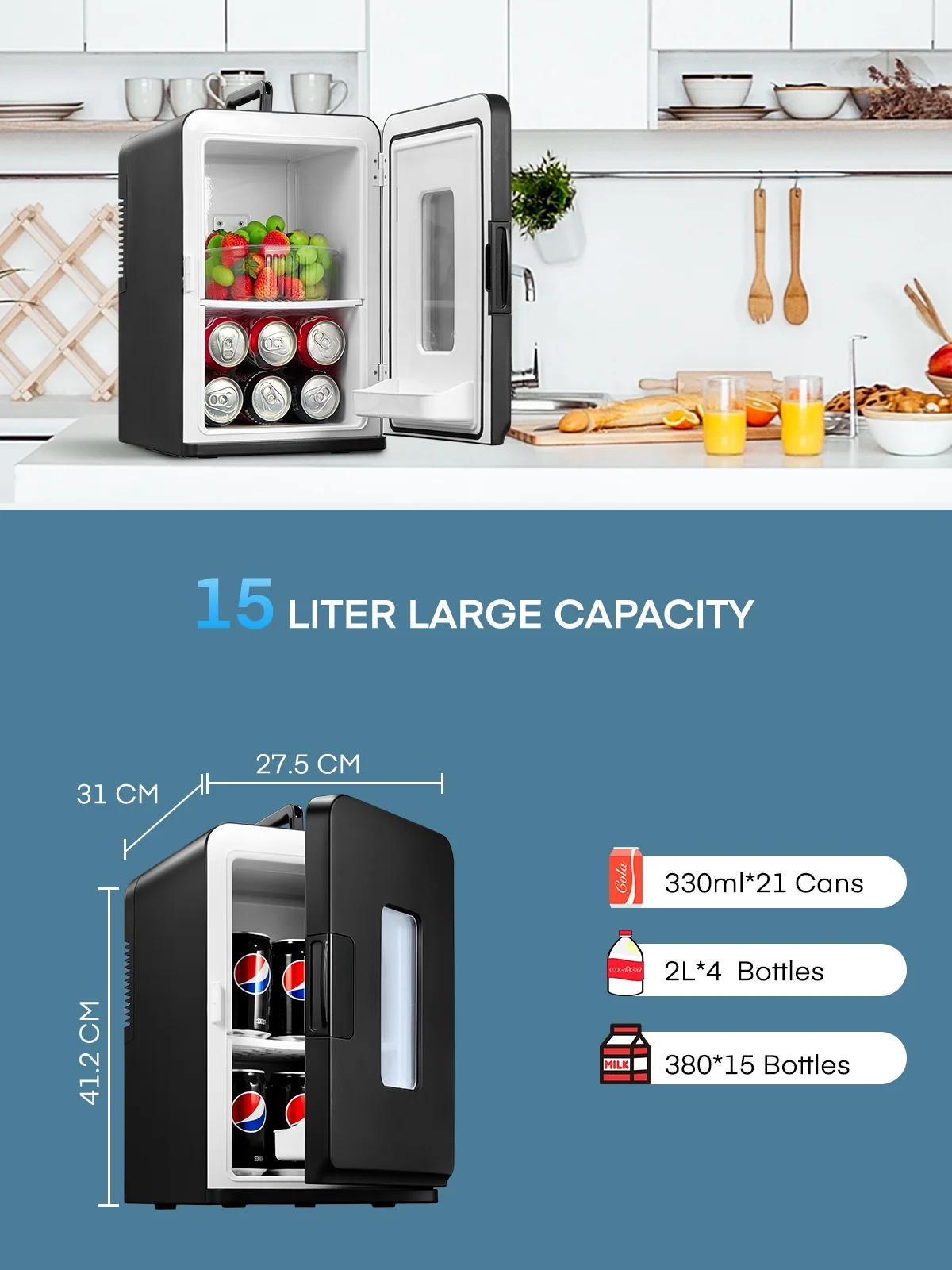 15L/21 Can Mini Fridge for Bedroom Refrigerator Cooler&Warmer, AC/DC, 1 Door, 11.8