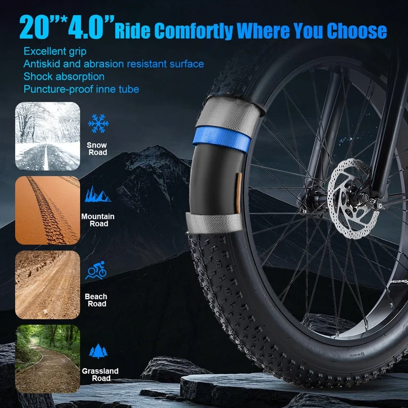 Electric Bike for Adults 20'', 800W UL2849 48V 32AH 110Miles Long Range Ebike up to 30mph Full Suspension E-mountain bike 4.0 Fat Tire Off-road, 2 Seats outdoor Dual Disc Brakes Electric bicycle