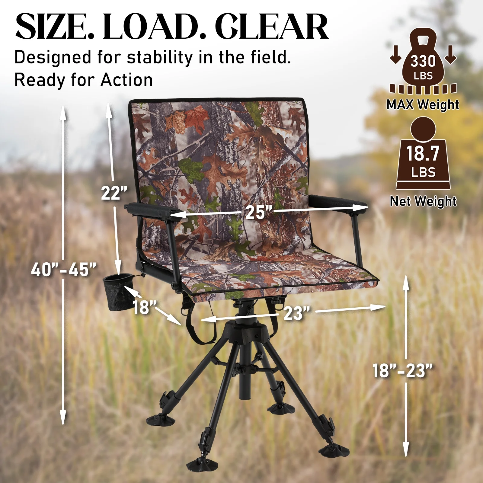 Danrelax 360° Silent Camo Hunting Blind Chair, Armrests, Side Pouch, Telescopic Legs