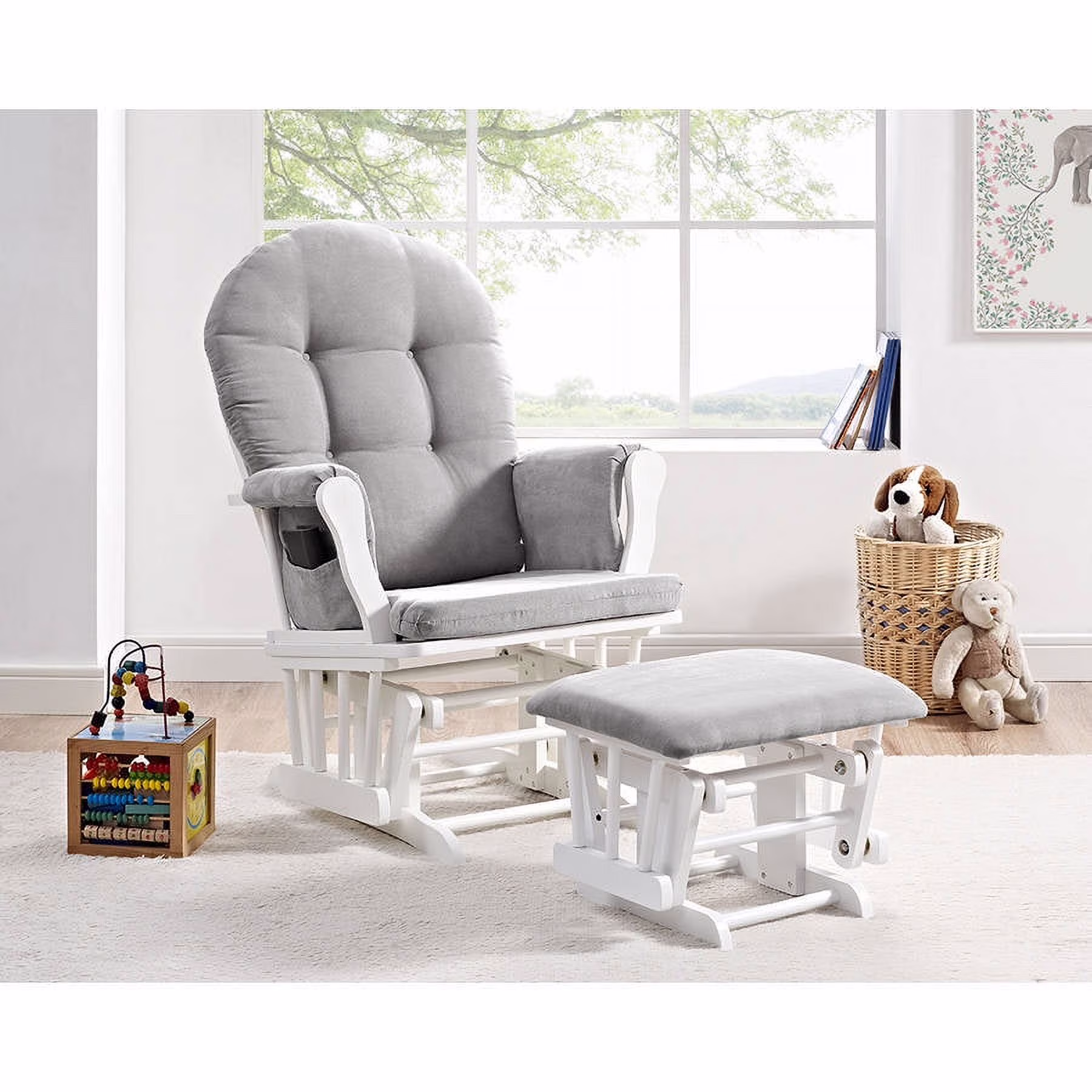Angel Line Windsor Glider and Ottoman, Natural Finish with Gray Cushions