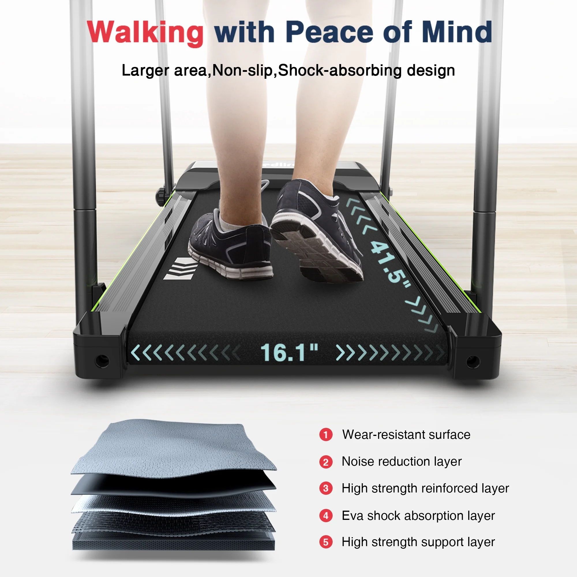 Redliro Treadmill for Seniors with Long Handrails - Recovery Treadmill for Walking 300 lbs Weight Capacity - Walking Treadmill Elderly with Desk & Cup Holder (Glossy Black)