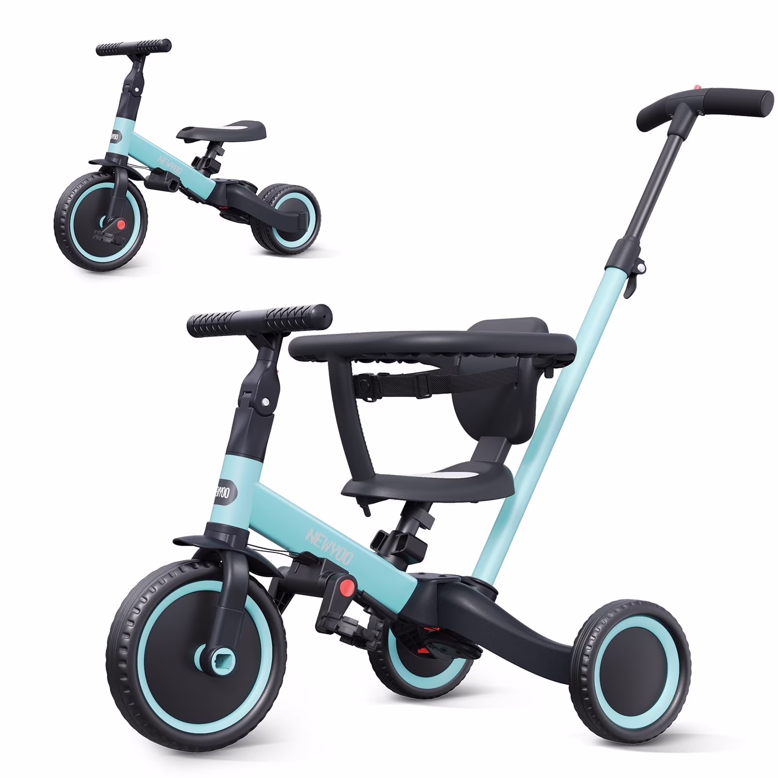 newyoo TR008 5-in-1 Toddler Tricycle with Push Handle, Converts to Balance Bike for 1-3 Year Old, Khaki