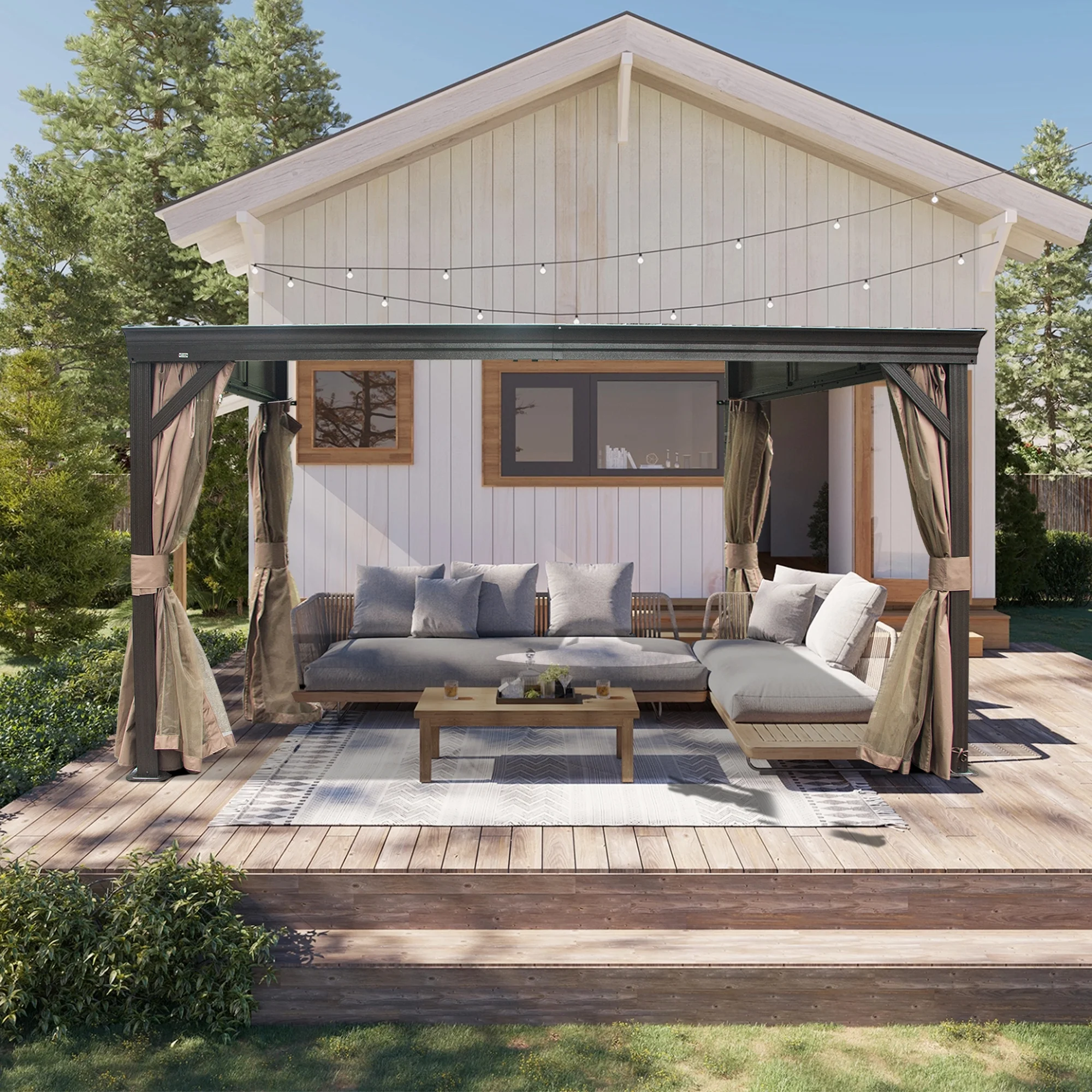 Domi Outdoor Living 10' x 12' Hardtop Lean-to Gazebo, Wall-Mounted with Galvanized Steel Roof Wall Pergola with Aluminum Frame, Curtains and Netting, for Patio, Deck, Garden, Backyard