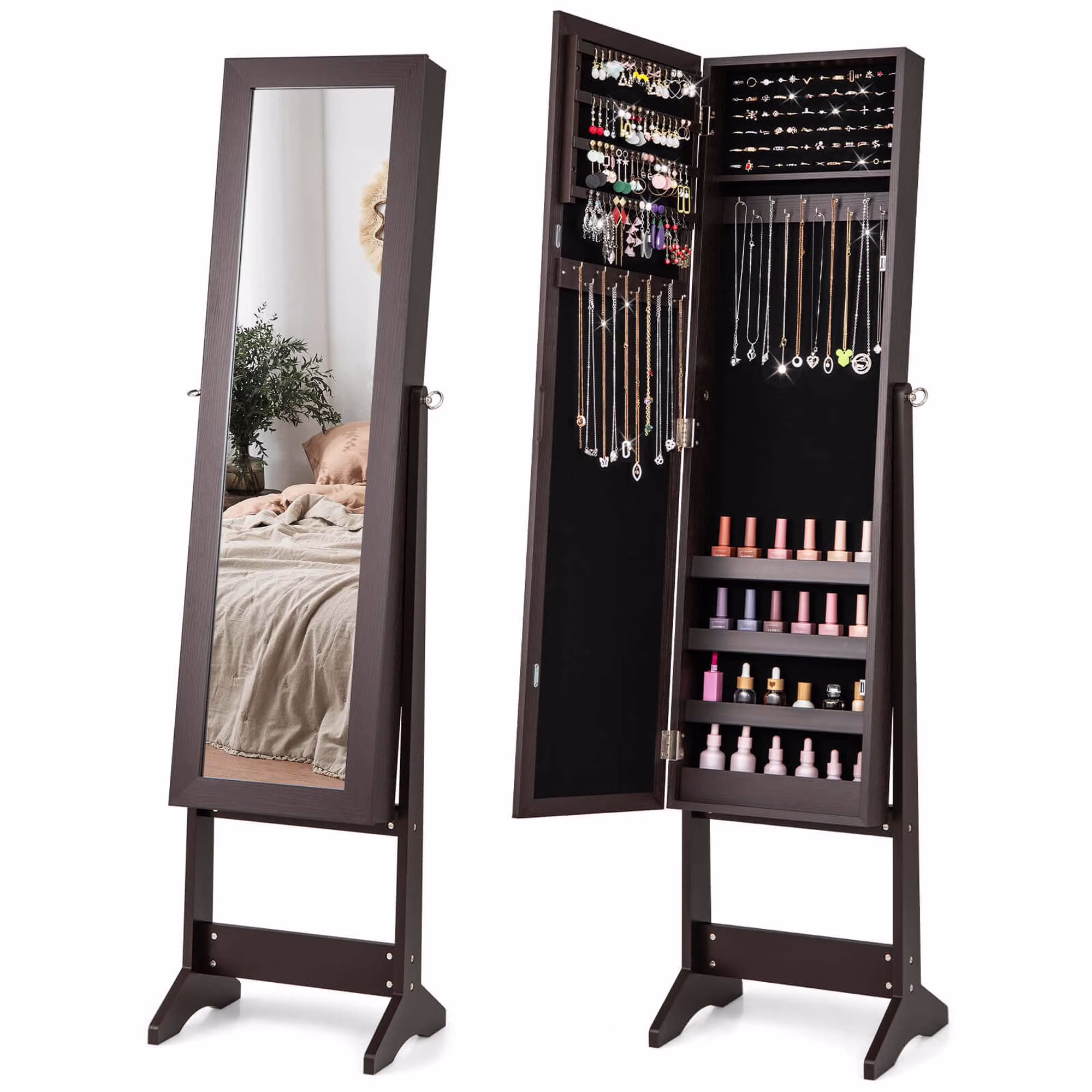 Costway Jewelry Mirrored Cabinet Armoire Organizer Storage Box w/ Stand Christmas Gift