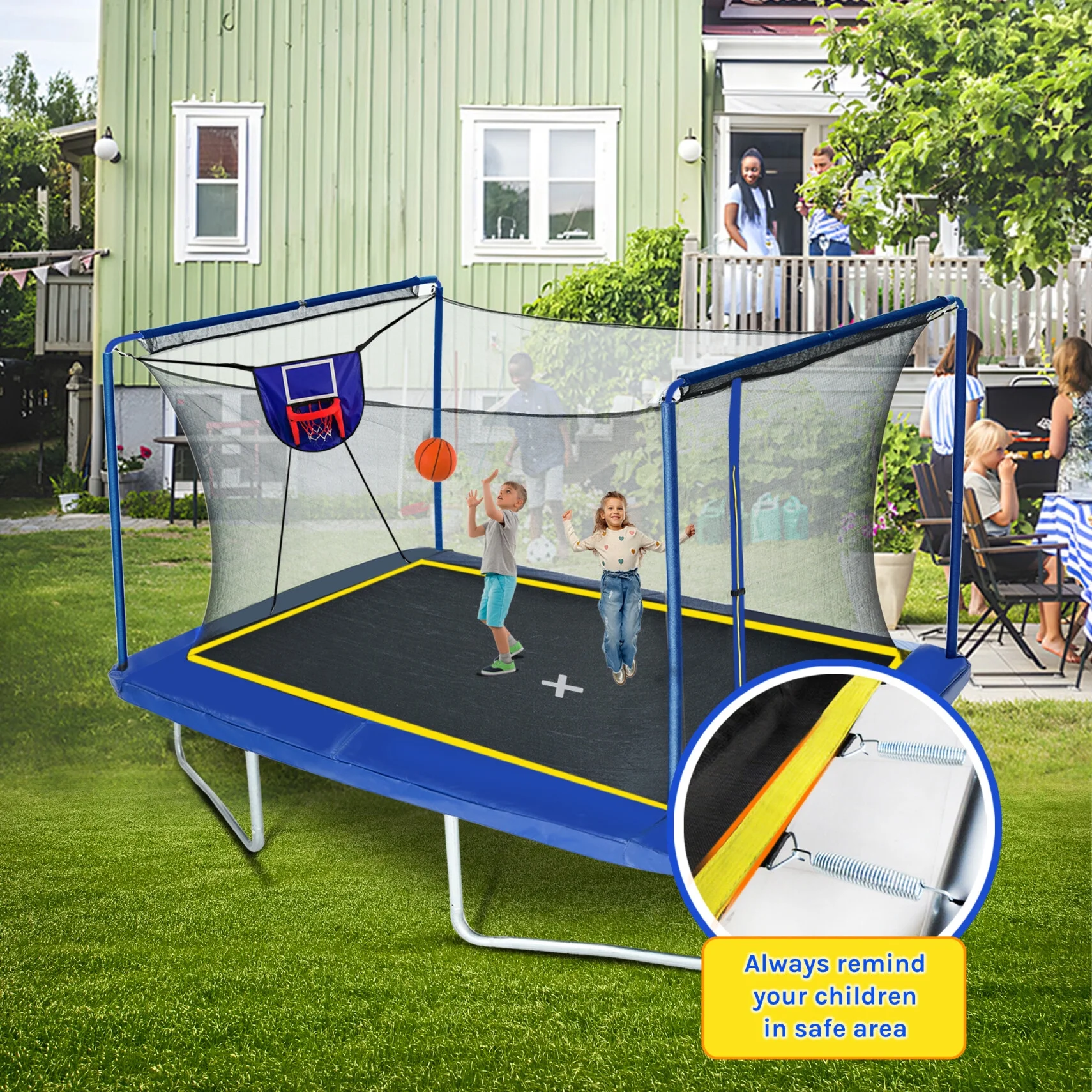 8ft��12ft Rectangular Trampoline with Adjustable Height  Basketball Board,Ball Inflater and Ladder-Blue,ASTM Standard Tested and CPC Certified