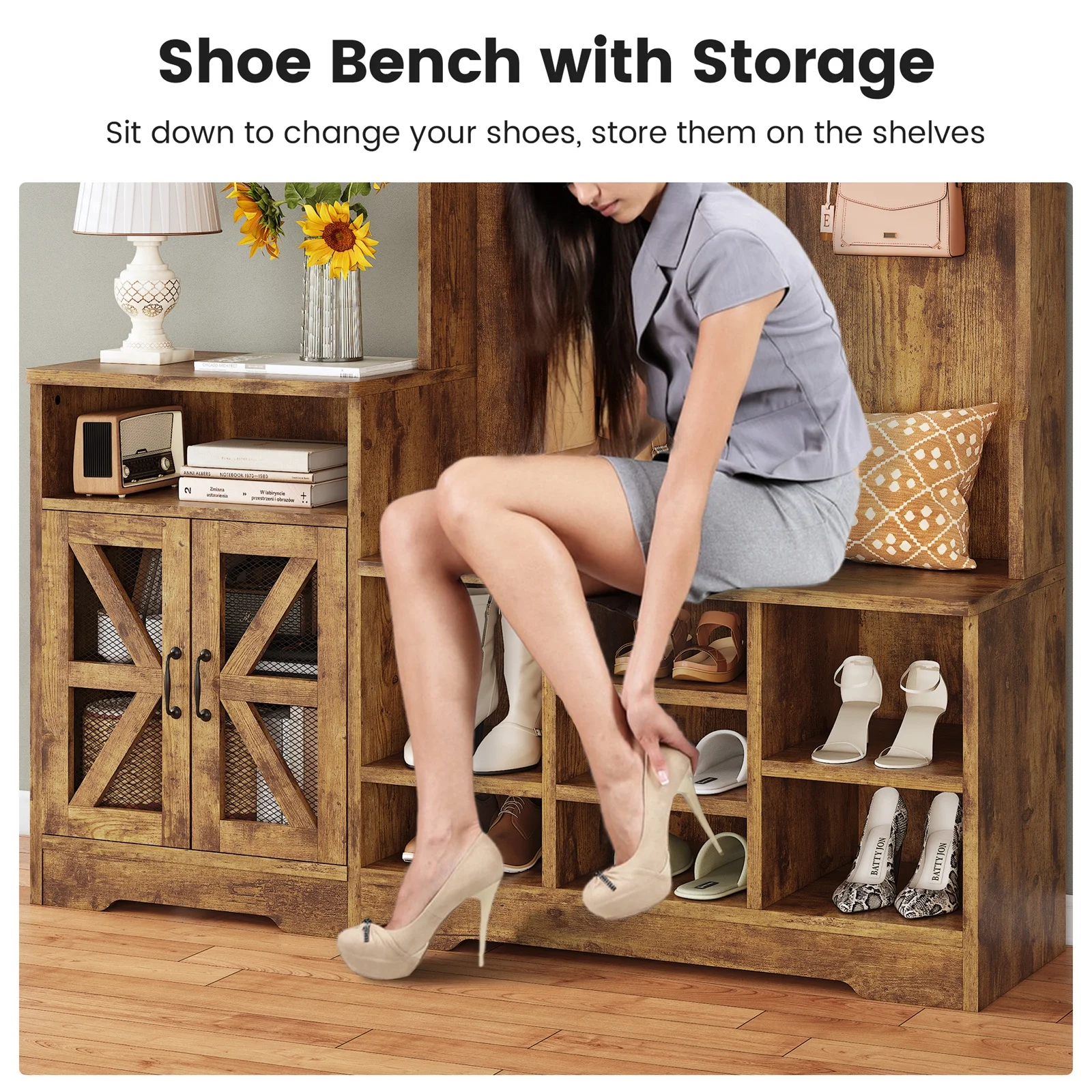 Farmhouse Wood Hall Tree with Shoe Bench and Console Table, LED 4-in-1 Coat Rack with 8 Hooks and 7 Adjustable Shoe Cubbies, Multifunctional Entryway Storage Organizer with Cabinet, Vintage White