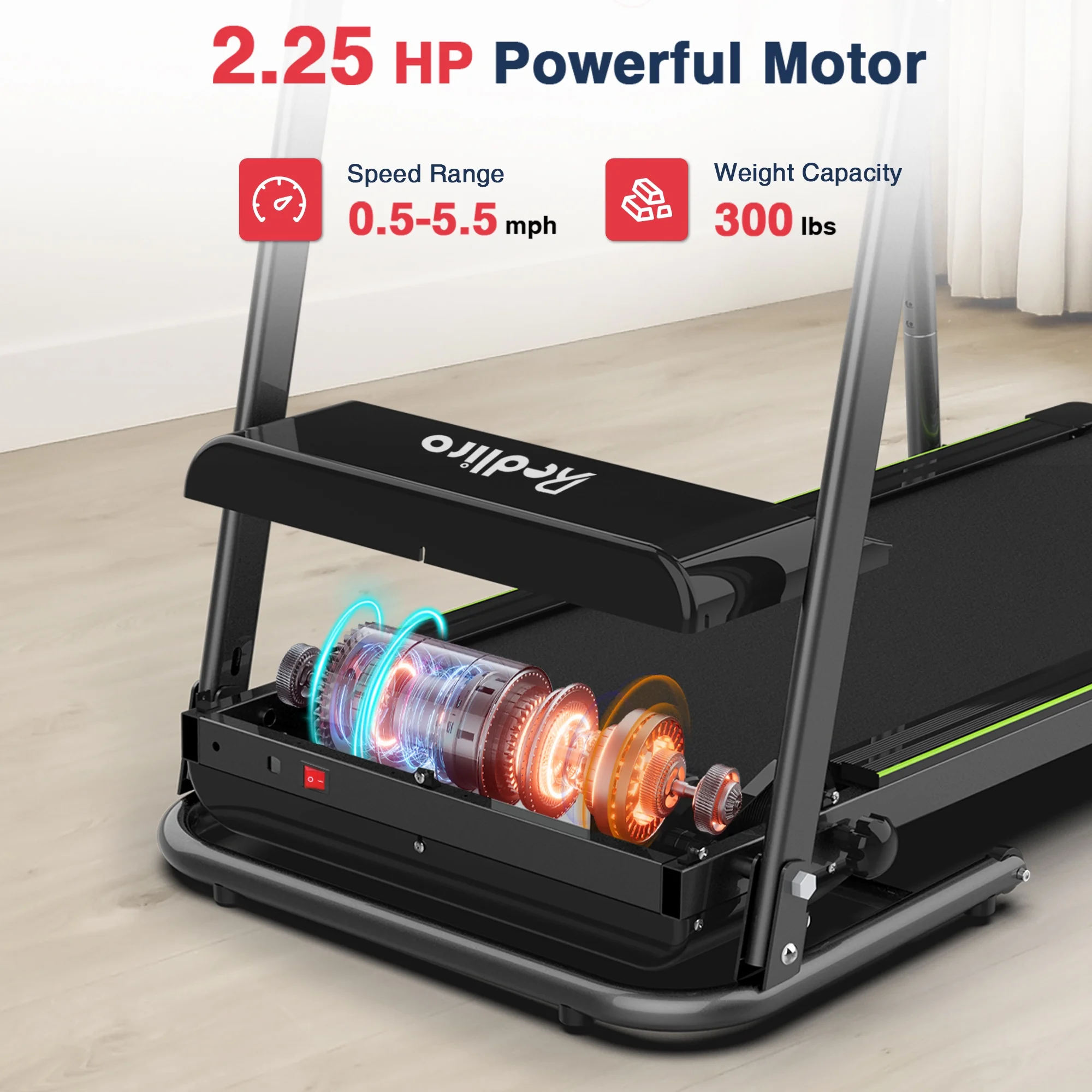 Redliro Treadmill for Seniors with Long Handrails - Recovery Treadmill for Walking 300 lbs Weight Capacity - Walking Treadmill Elderly with Desk & Cup Holder (Glossy Black)