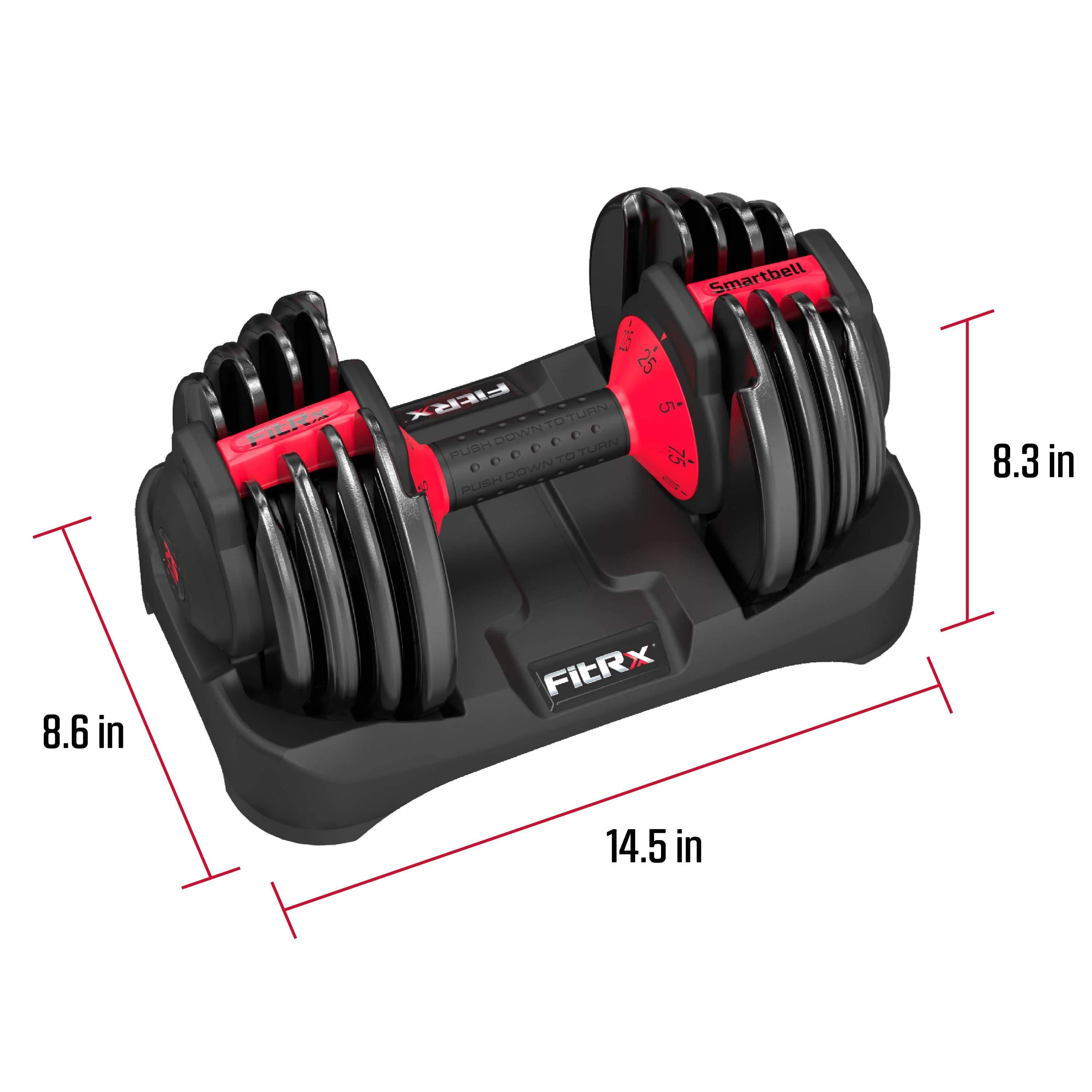 FitRx Adjustable Dumbbells 2-Pack, 25lb SmartBell Dumbbell Set with 9-in-1 Quick-Select Weights, 2.5lb Increments for Home Gym