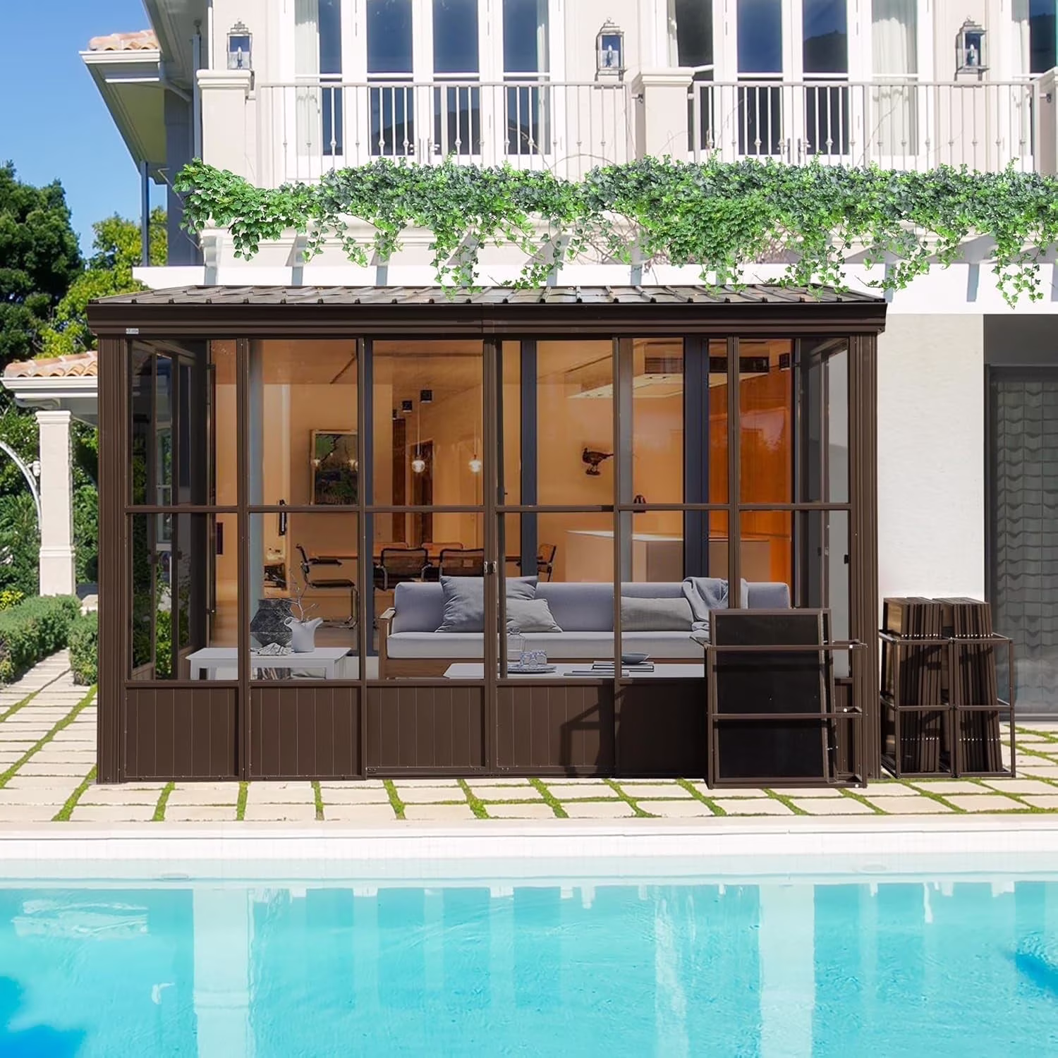 Domi Outdoor Living 10' x 12' Hardtop Lean-to Gazebo, Wall-Mounted with Galvanized Steel Roof Wall Pergola with Aluminum Frame, Curtains and Netting, for Patio, Deck, Garden, Backyard