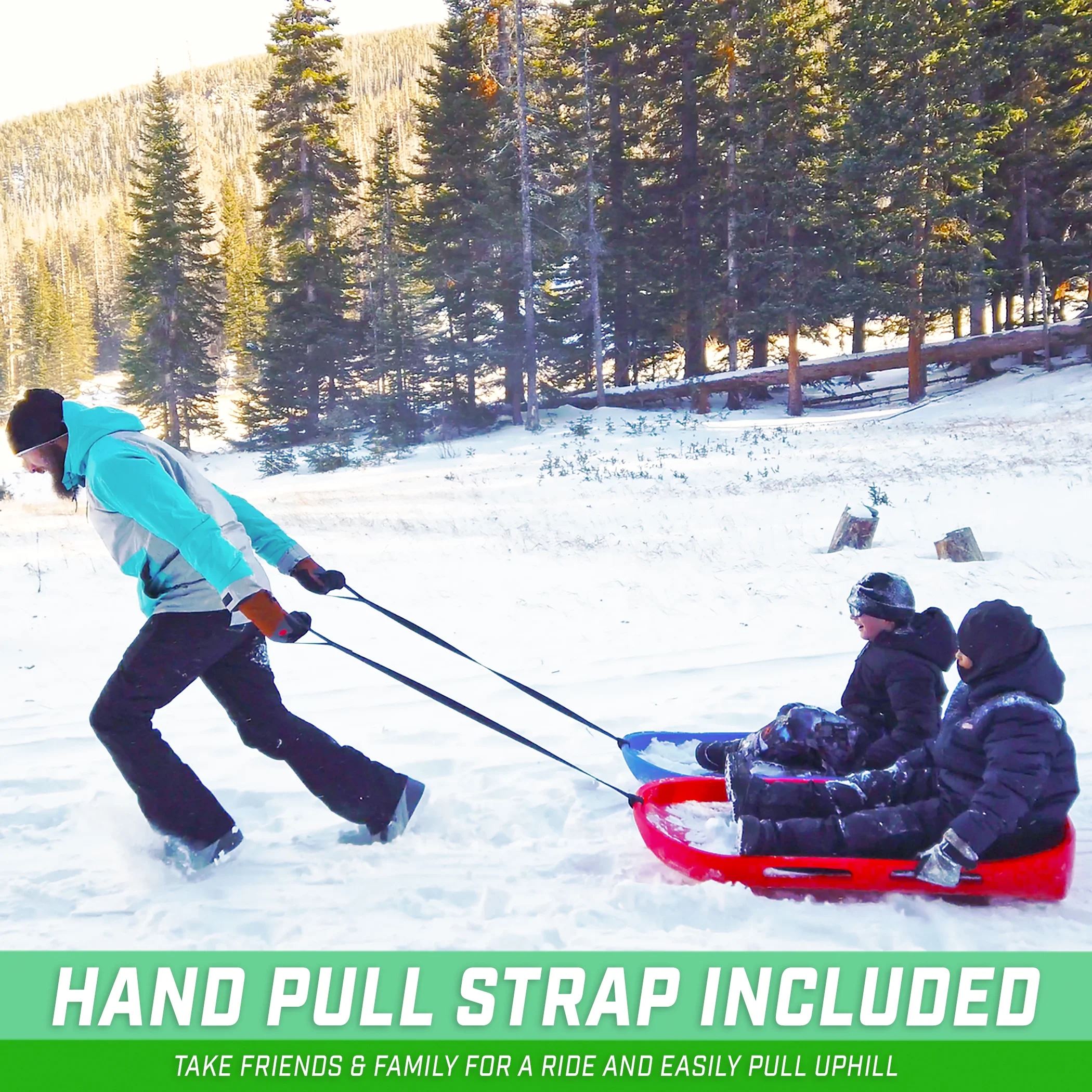 GoSports 2 Person Premium Snow Sled with Double Walled Construction, Pull Strap and Padded Seat - Red