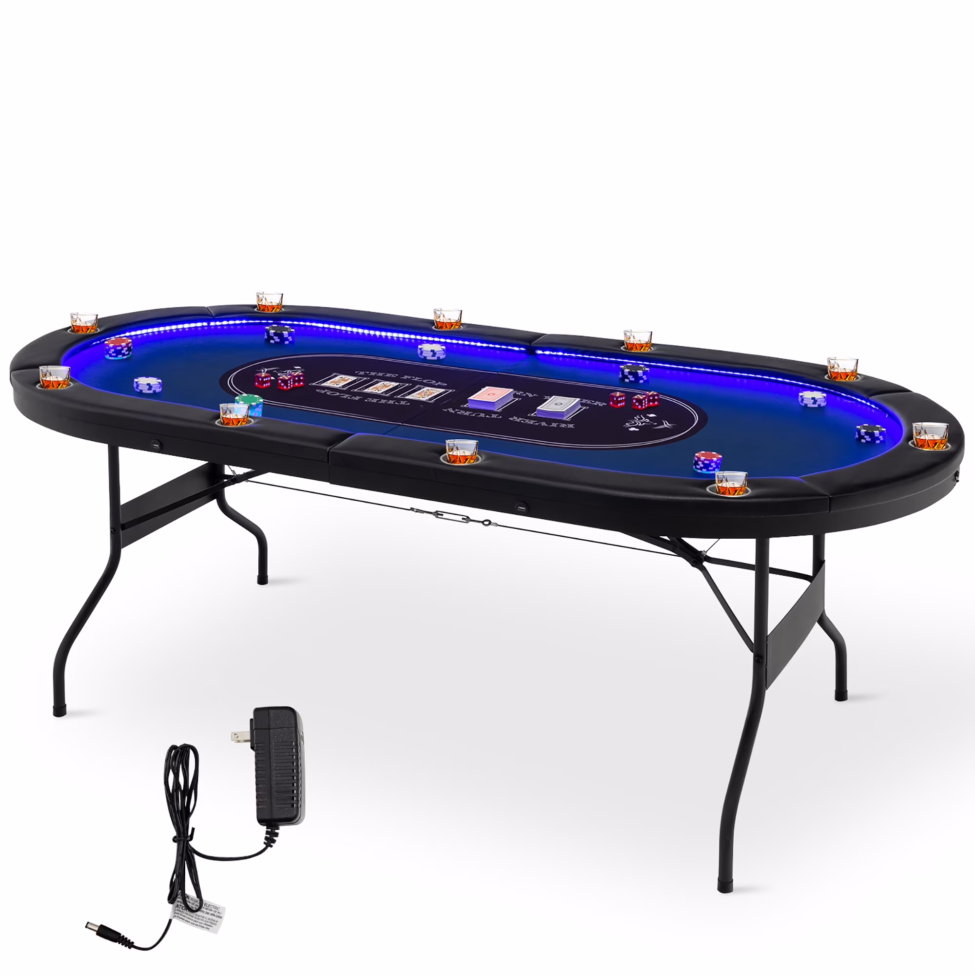 Costway Foldable, USB Ports, Led Lights 10 Player Poker Table, Blue/Black