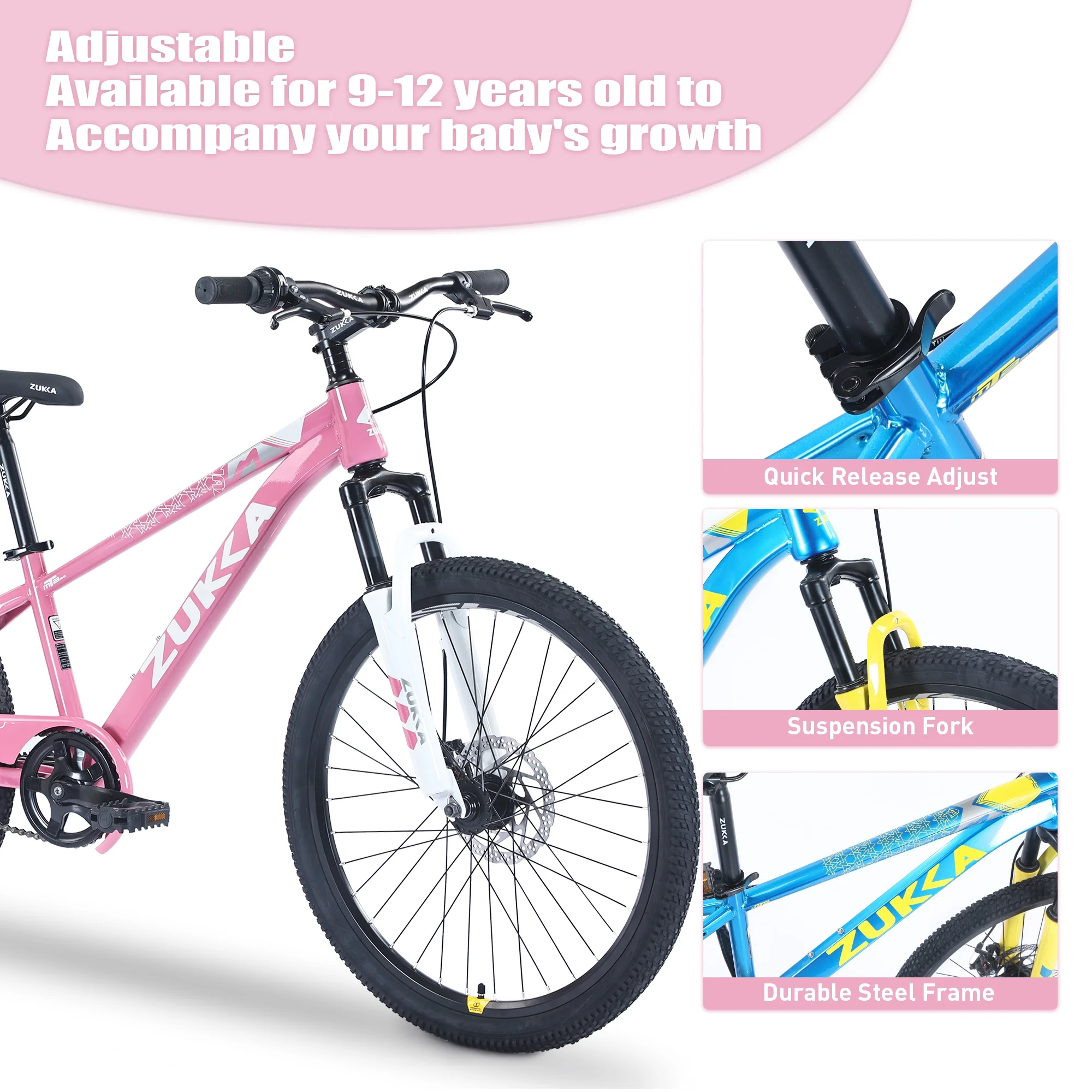 20-Inch Mountain Bike with Suspension Fork, Adjustable Saddle & Disc Brakes,Pink