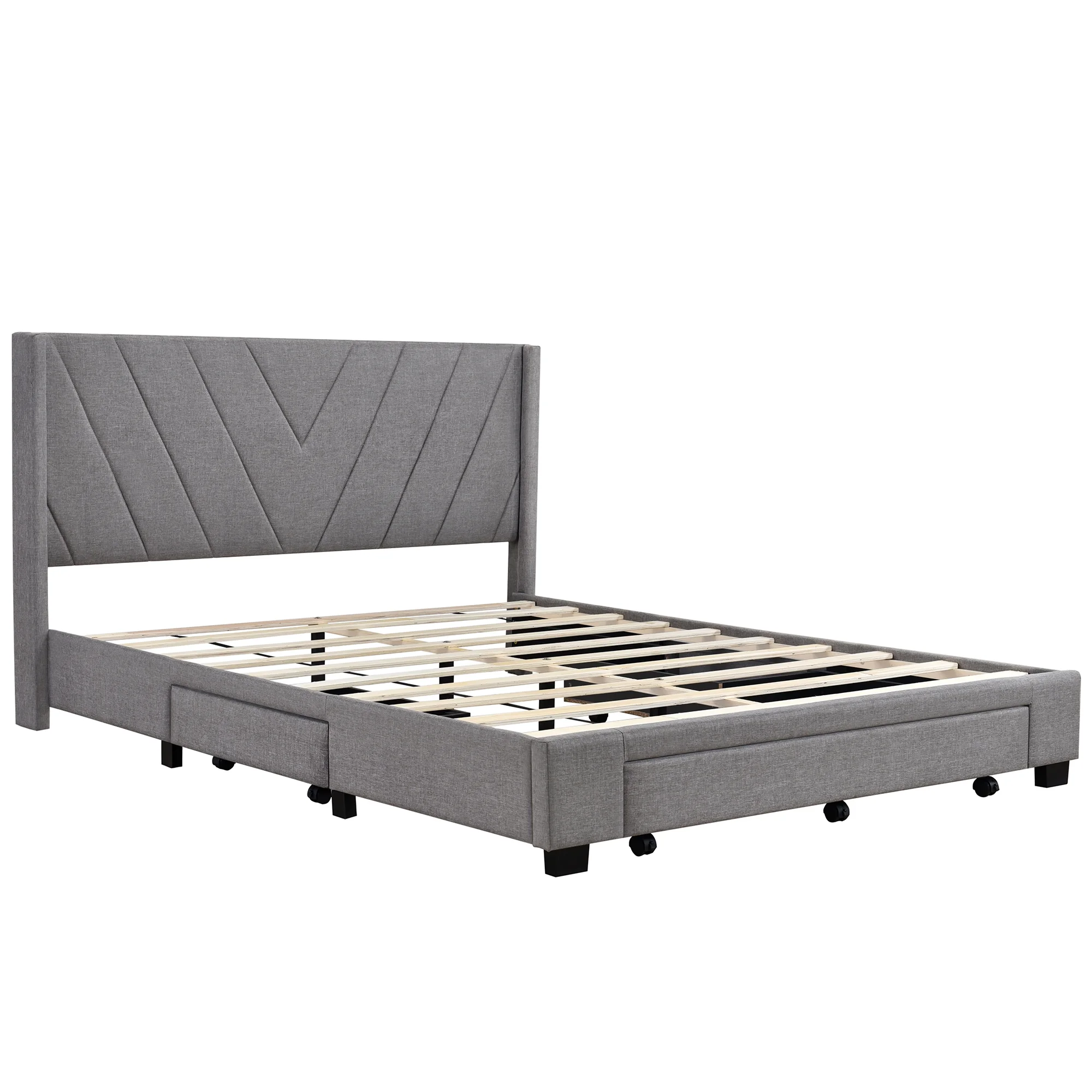 Sesslife Queen Bed Frame with Storage, New Upgraded Linen Upholstered Platform Bed with 3 Drawers, Queen Size Storage Bed with Headboard and Wooden Slats, No Box Spring Needed, Holds 500lbs, Beige