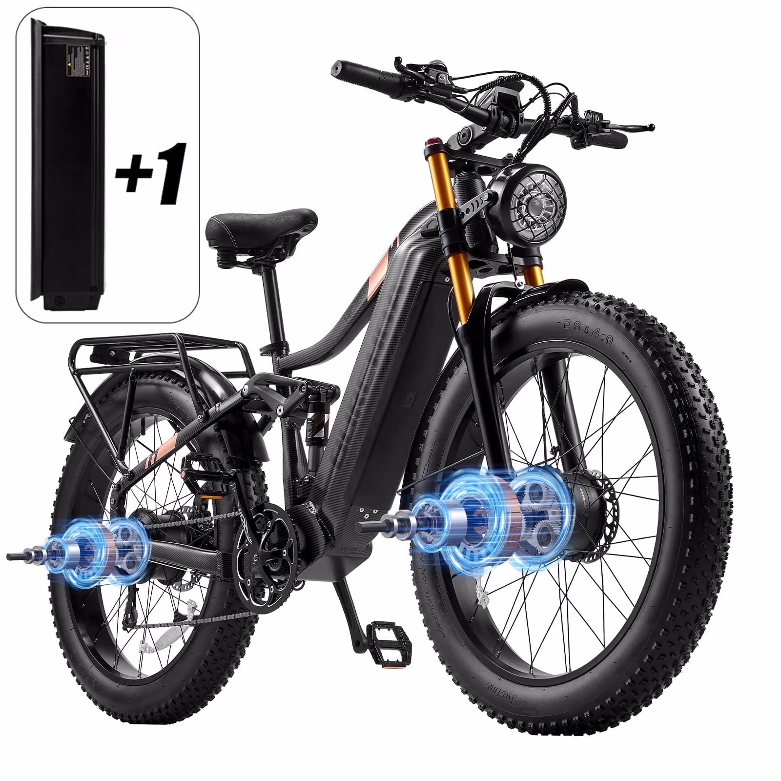 Dual Motors AWD 2000W Electric Bike for Adult 26'', UL2849 48V 60AH Removable Battery E-mountain bike 4'' Fat Tire up to 35MPH&200Miles Long Range Off Road Ebike Beach Dual Hydraulic&Brakes E-Bicycle