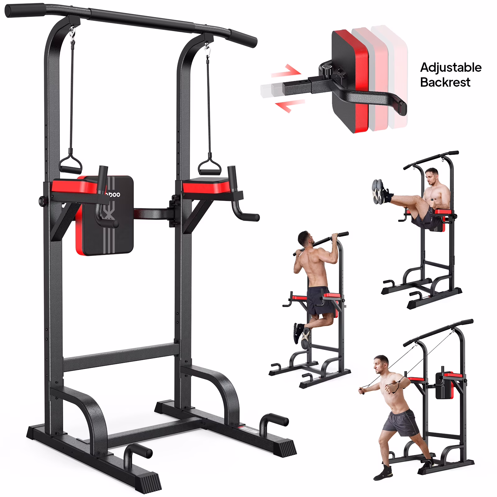 LNOW Multifunction Power Tower Pull up Bar Dip Station Power Rack with Adjustable Backrest for Home Gym Strength Training Workout Equipment Max Weight 480lbs