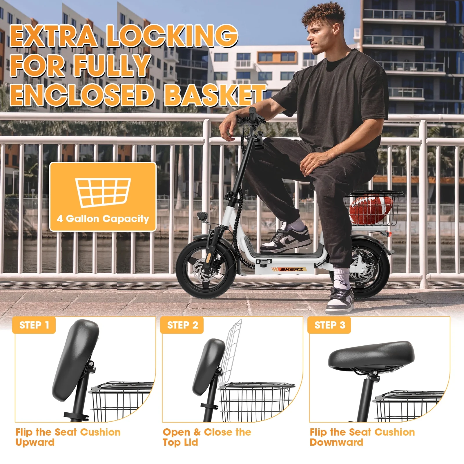 Skeri Electric Scooter with Seat for Adult and Basket, 14 Inch Tire Electric Scooter with Dual Shock Absorbers, 350W Motor with 25-Mile Range, Speed Up to 20 MPH (Gen 2.0)