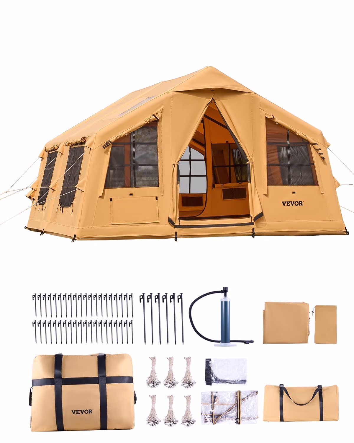 VEVOR Inflatable Tents for Camping,8-12 Person Easy Setup Blow up Tent with Hand Pump,4 Season Luxury Glamping Tent with 2 Skylights, Canopy,Stove Jack, 2 Doors & Mesh Windows(Include Storage Bag)