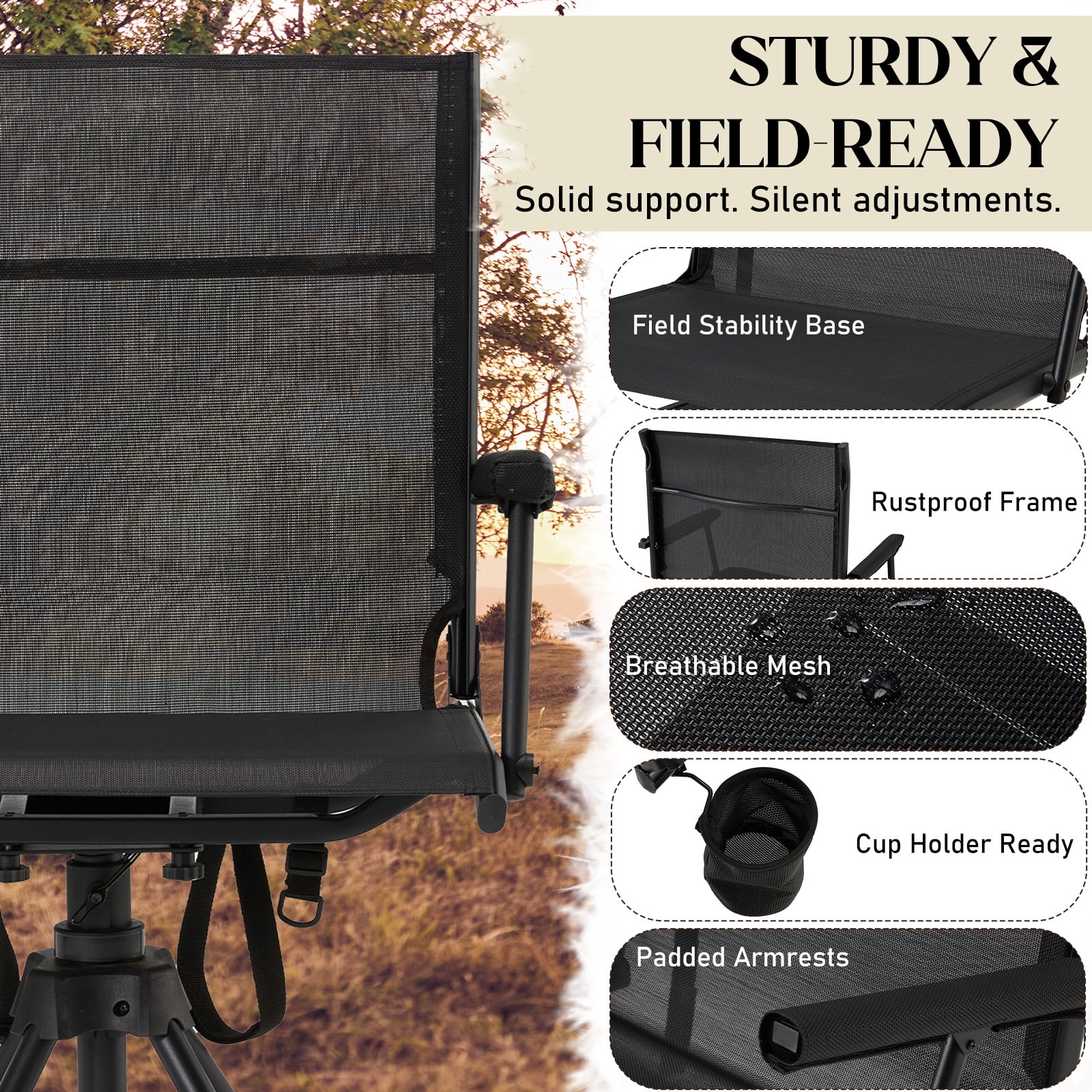 Danrelax 360° Silent Camo Hunting Blind Chair, Armrests, Side Pouch, Telescopic Legs
