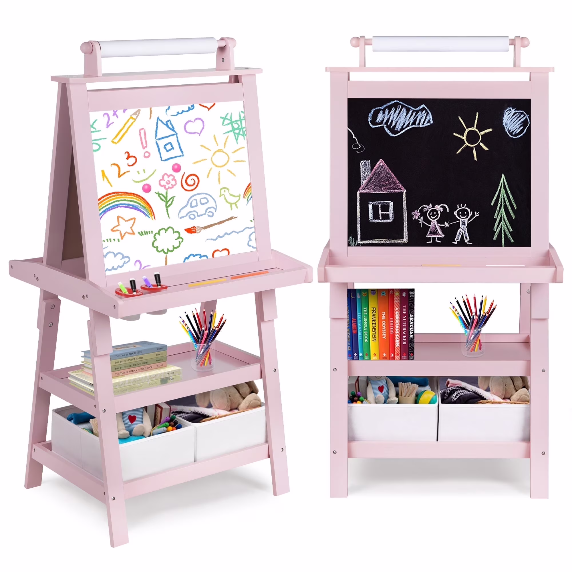 LINLUX 3 in 1 Art Easel for Kid, Whiteboard for Kid with Stand, Magnetic Chalkboard Pizarra, Grey