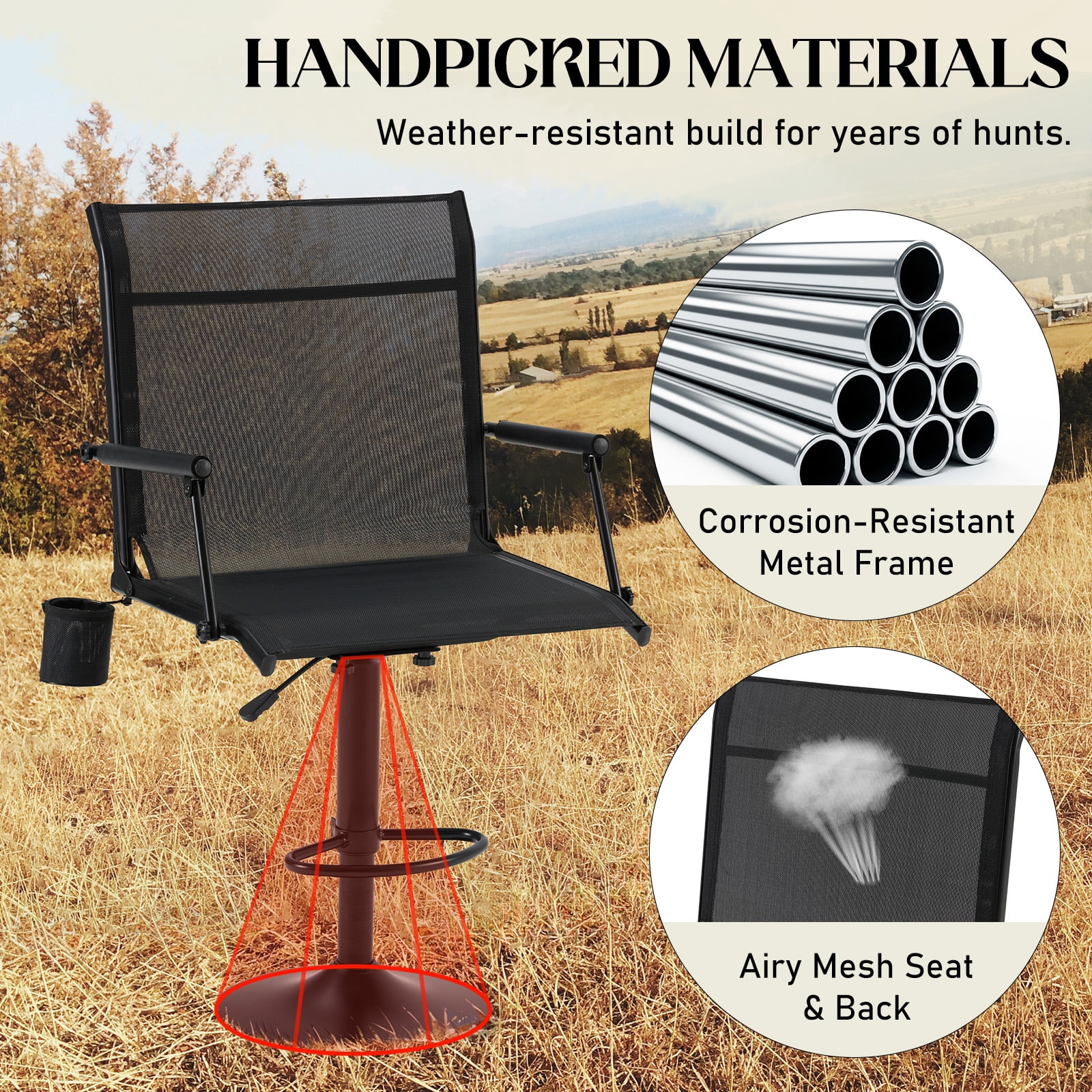 Danrelax 360° Silent Camo Hunting Blind Chair, Armrests, Side Pouch, Telescopic Legs