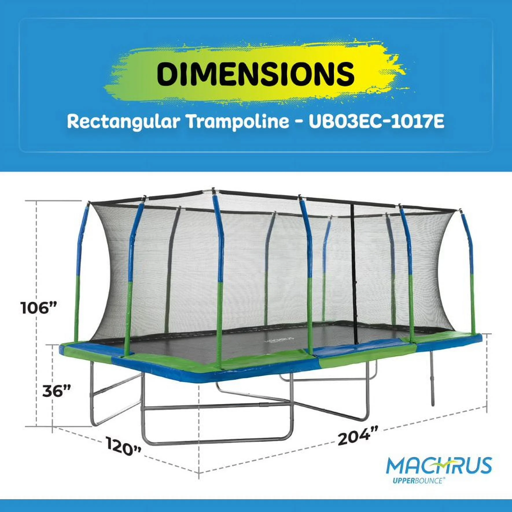 Machrus Upper Bounce - Mega 10' X 17' Gymnastics Style, Rectangular Trampoline Set with Premium Top-Ring Enclosure System - Green/Black