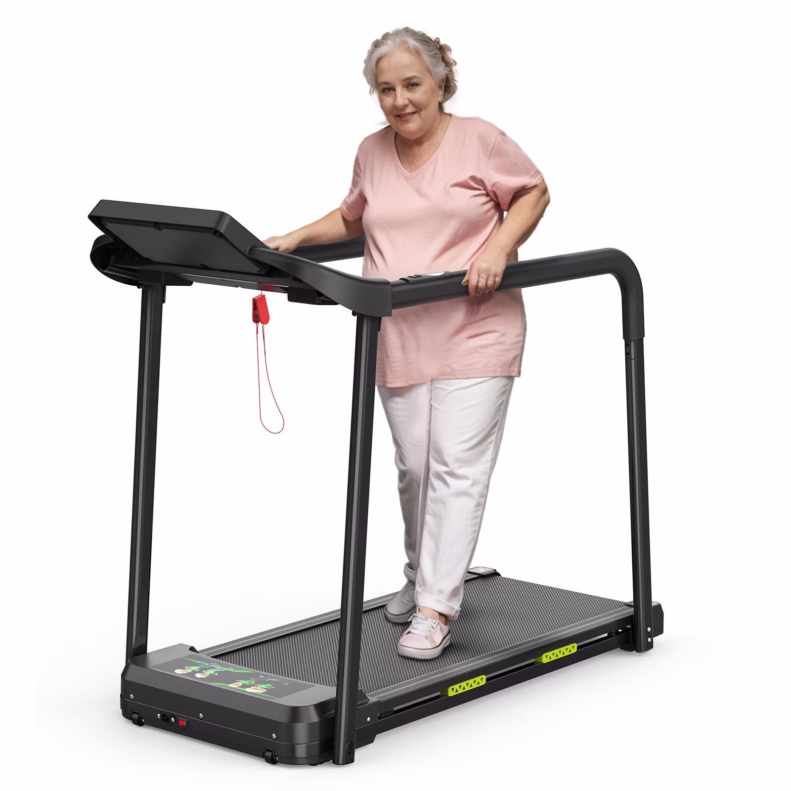 Ambifirner Senior Safe Treadmill - 300lbs Capacity Foldable Walking Pad with Balance Handrails & Large LED Display, Space-Saving Design for Elderly Home Gym (Black)