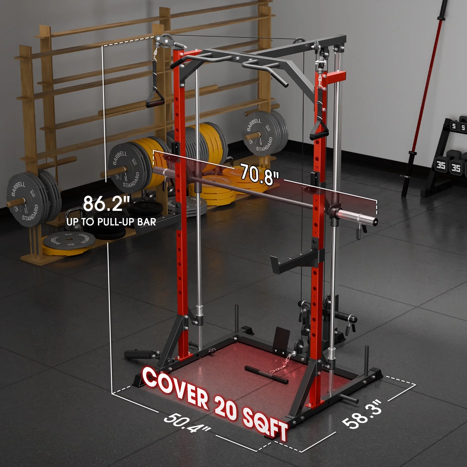Mikolo Compact 7-IN-1 Smith Machine With Cable Crossover System, 1000LBS Multi-Functional Squat Rack, Workout Station with Weight Bar, Bend Peg and Other Functional Attachments