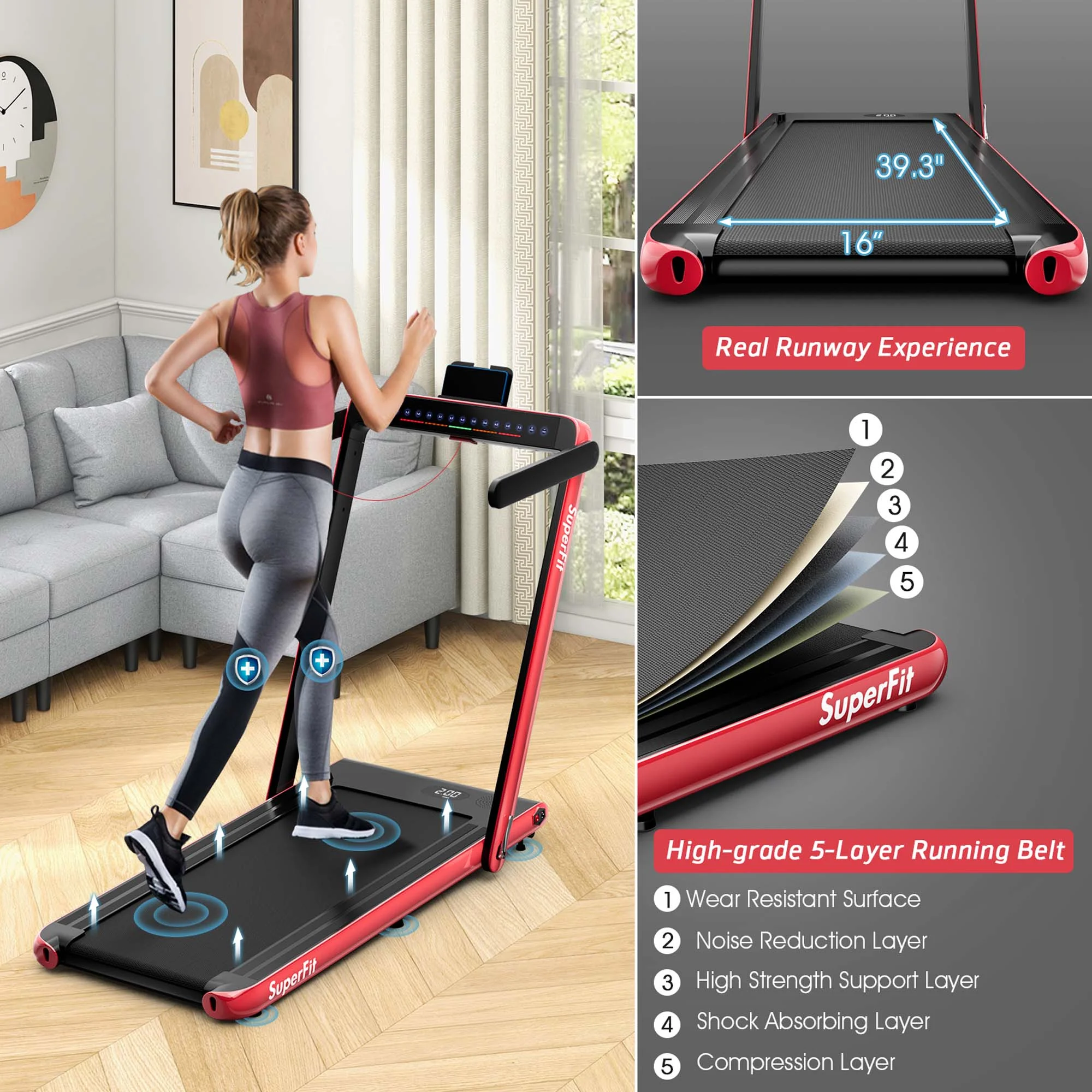 SuperFit Up To 7.5MPH 2.25HP 2 in 1 Dual Display Screen Treadmill Jogging Machine W/APP Control Silver