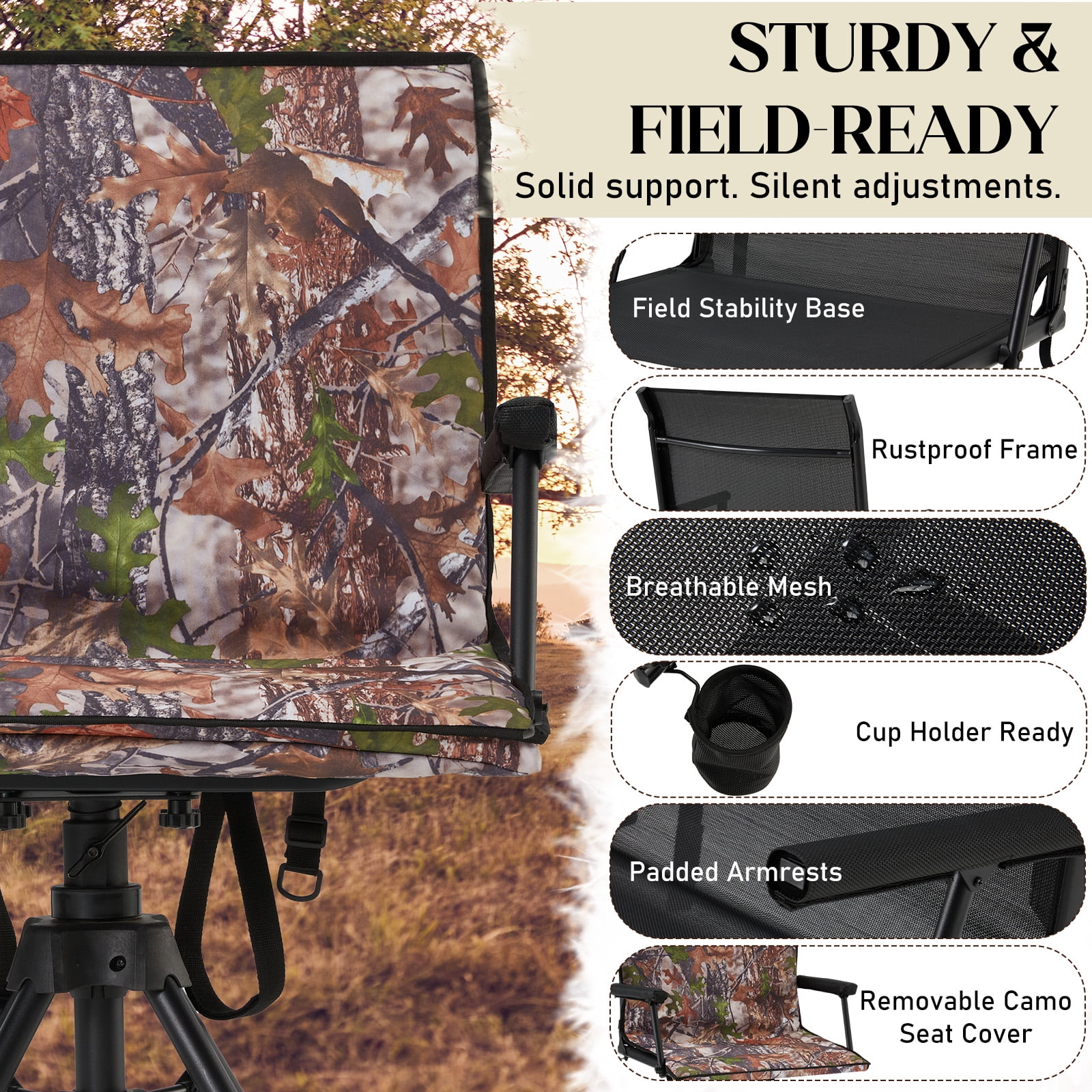 Danrelax 360° Silent Camo Hunting Blind Chair, Armrests, Side Pouch, Telescopic Legs