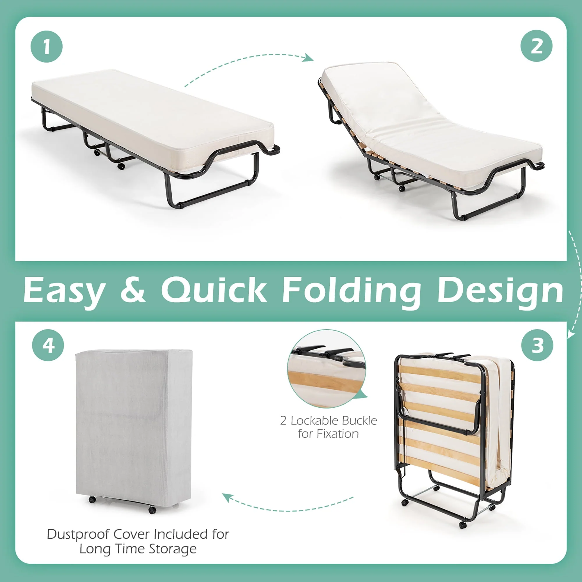 Gymax Portable Rollaway Guest Bed Folding Bed w/ Mattress Memory Foam & Dustproof Cover