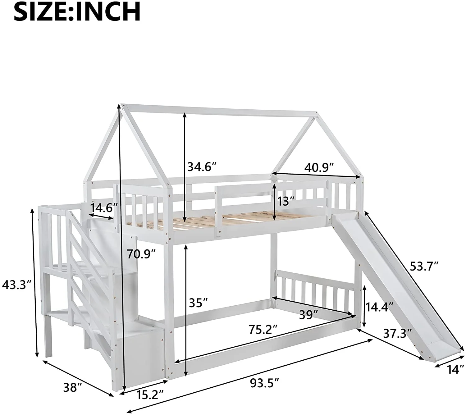 Low Bunk Bed with Slide and Stairs, Wood Twin Over Twin House Bunk Beds for Kids, Floor Bunk Bed with Stairway Easy Assembly (White)