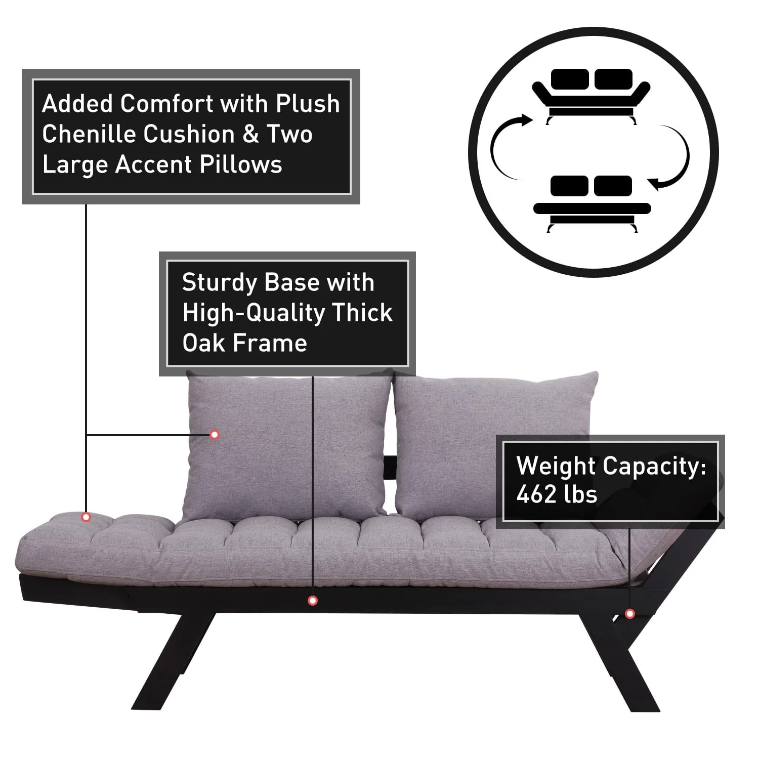 Homcom Single Person 3 Position Convertible Couch Chaise Lounger Sofa Bed, Light Grey