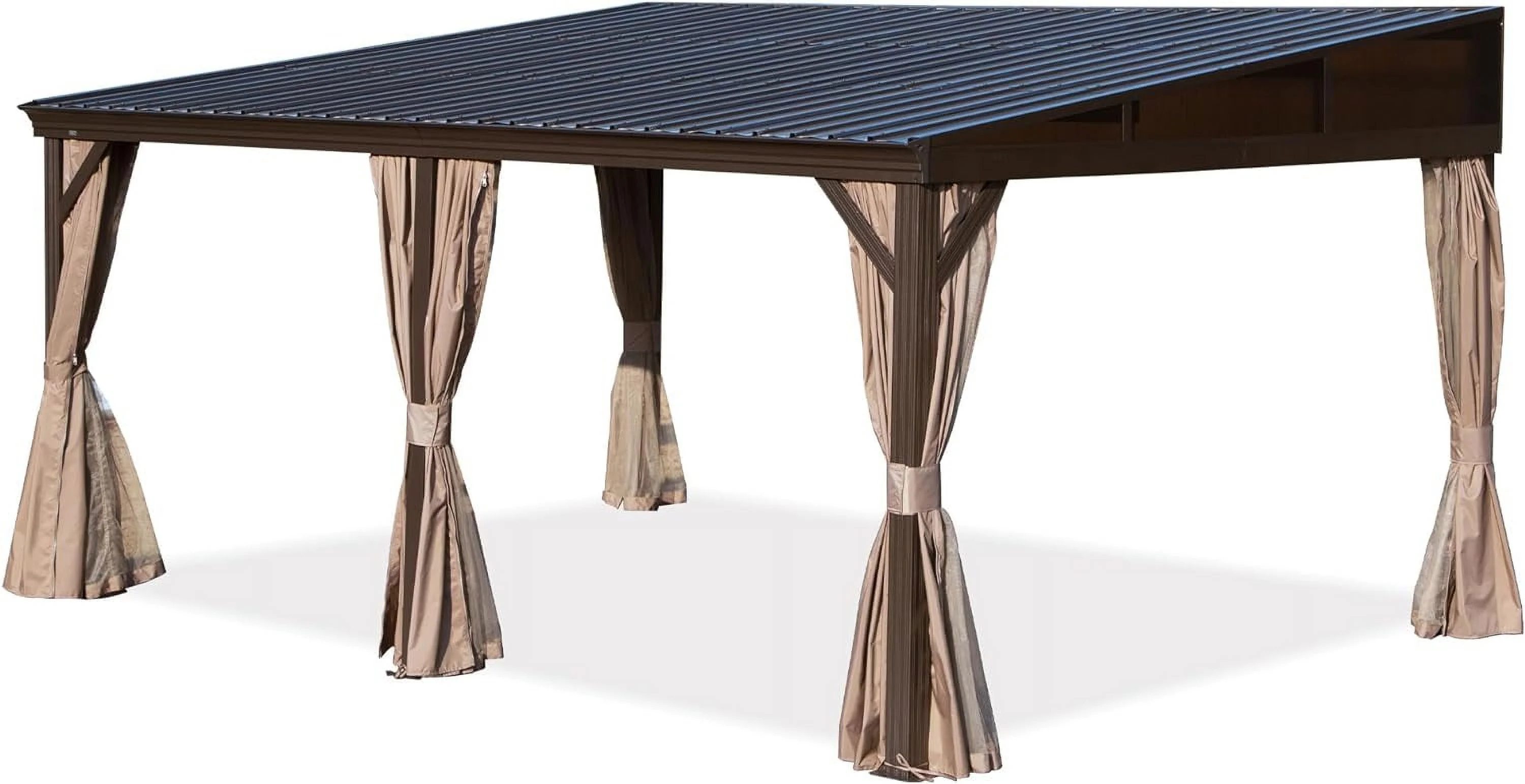 Domi Outdoor Living 10' x 12' Hardtop Lean-to Gazebo, Wall-Mounted with Galvanized Steel Roof Wall Pergola with Aluminum Frame, Curtains and Netting, for Patio, Deck, Garden, Backyard