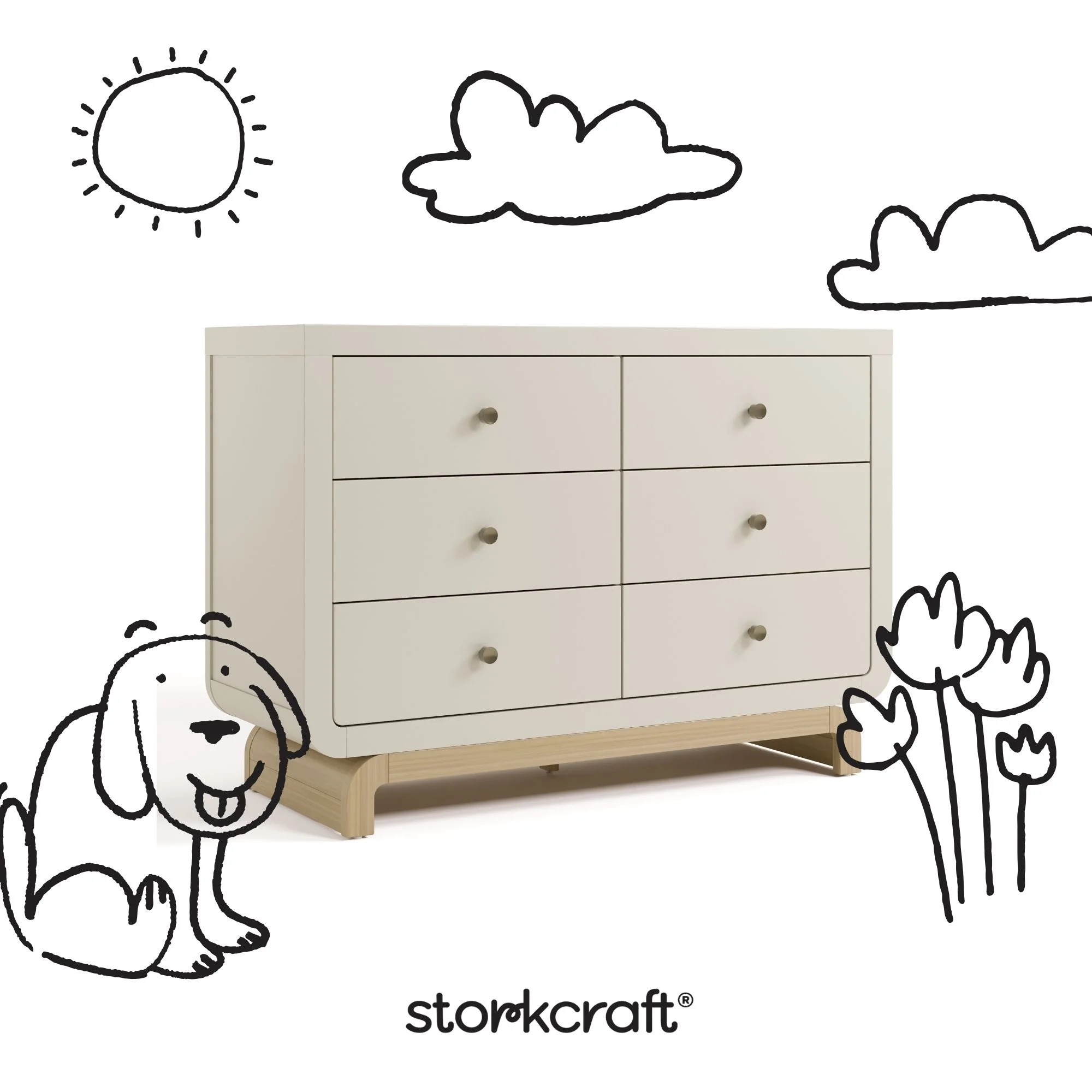 Storkcraft Santorini 6 Drawer Double Dresser, White/Driftwood