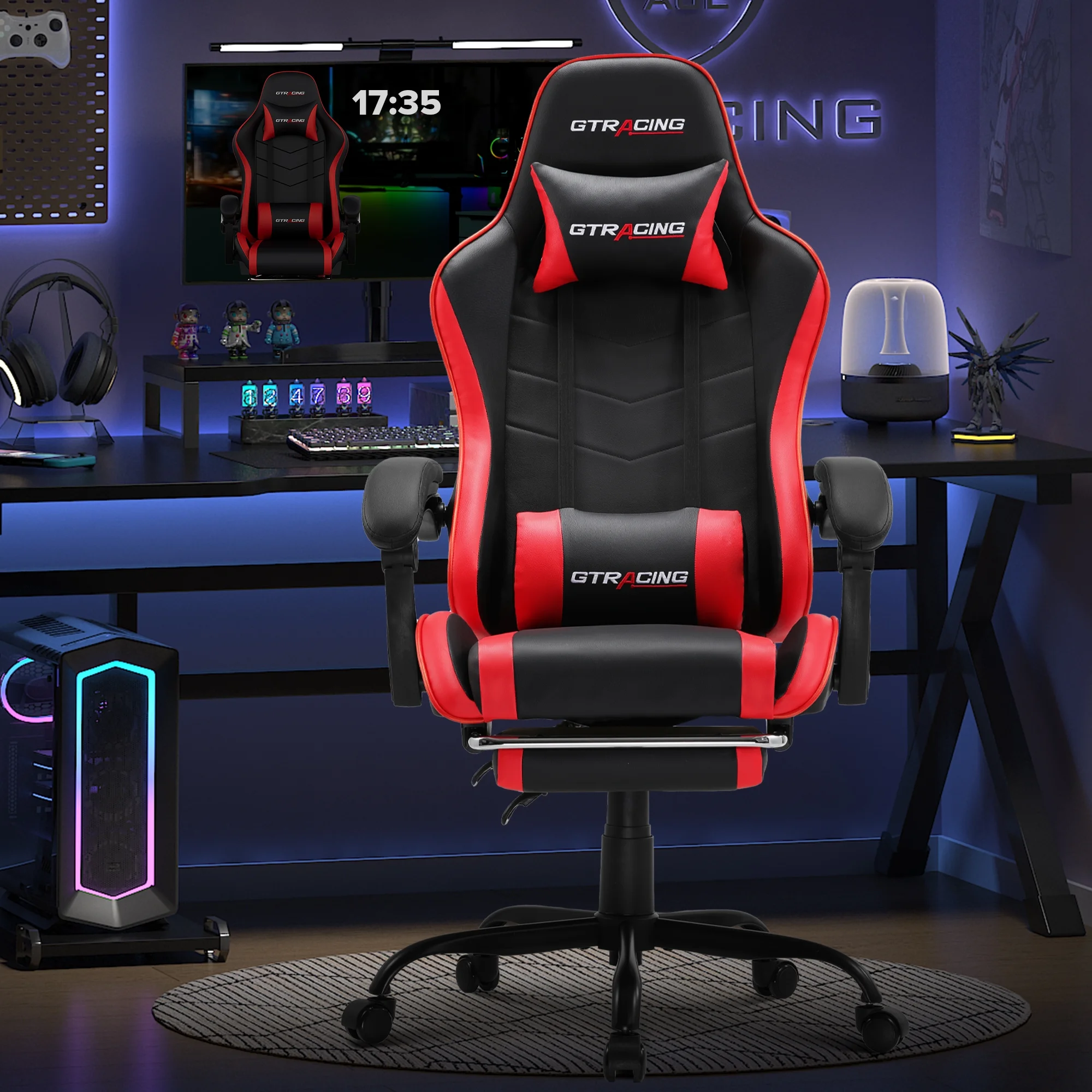 GTRACING GTWD-200 Ergonomic Gaming Chair with Adjustable Pillows and Footrest , Red