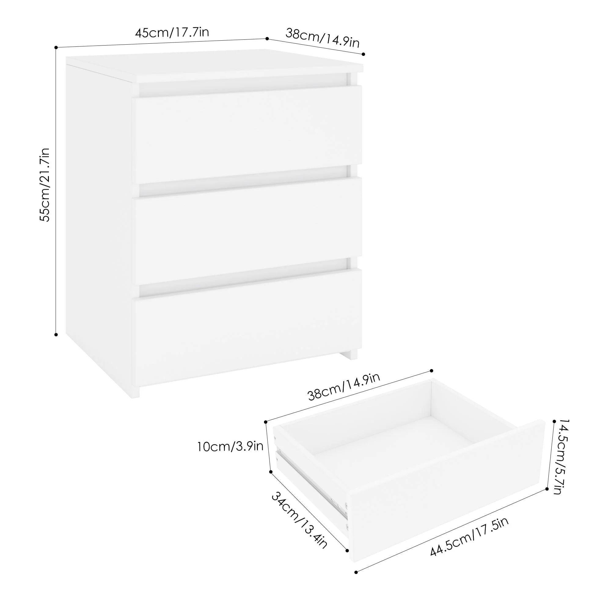 Homfa White Nightstand with 3 Drawers, Sofa Table for Living Room, Modern Wooden Storage Cabinet for Bedroom