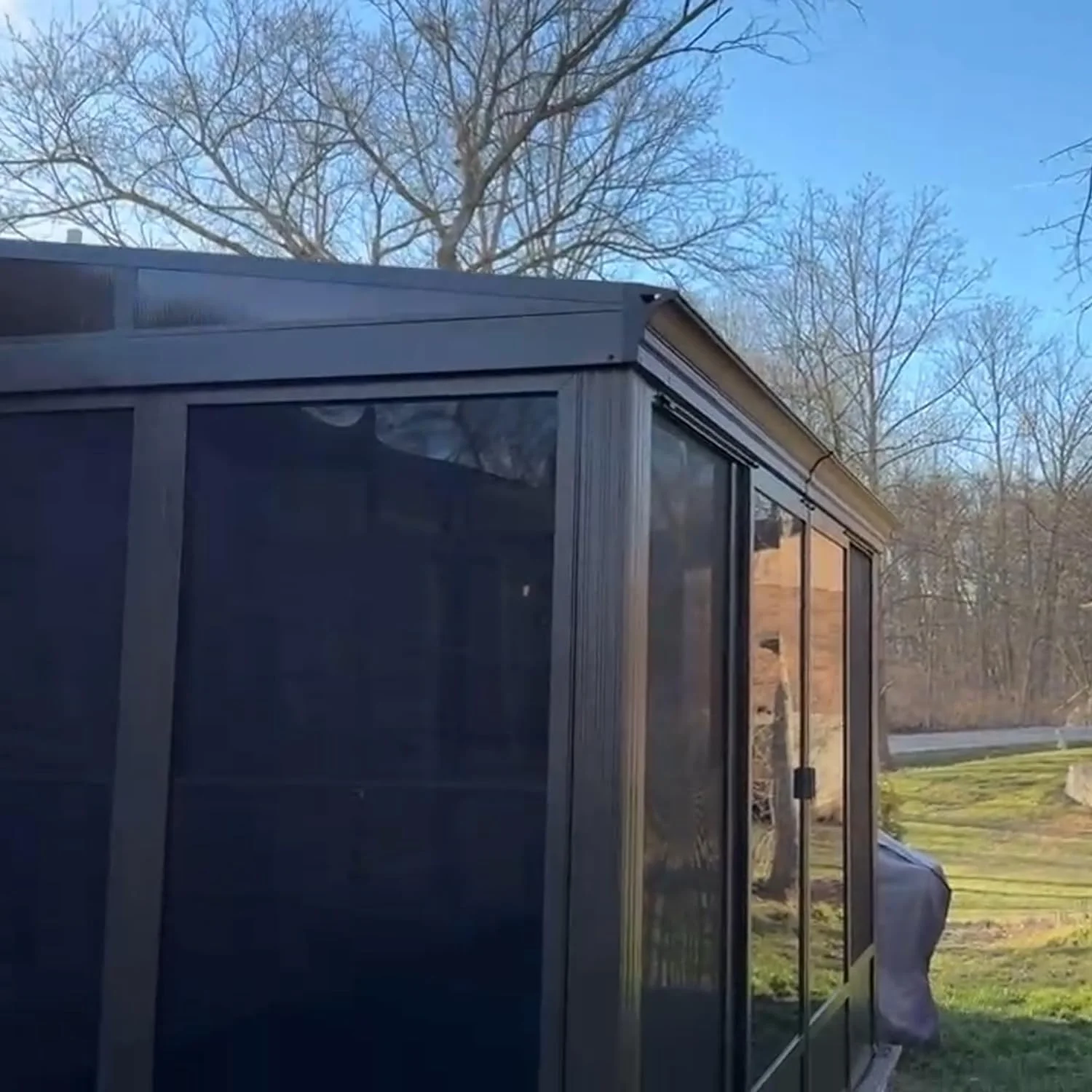 Domi Outdoor Living 10' x 12' Hardtop Lean-to Gazebo, Wall-Mounted with Galvanized Steel Roof Wall Pergola with Aluminum Frame, Curtains and Netting, for Patio, Deck, Garden, Backyard