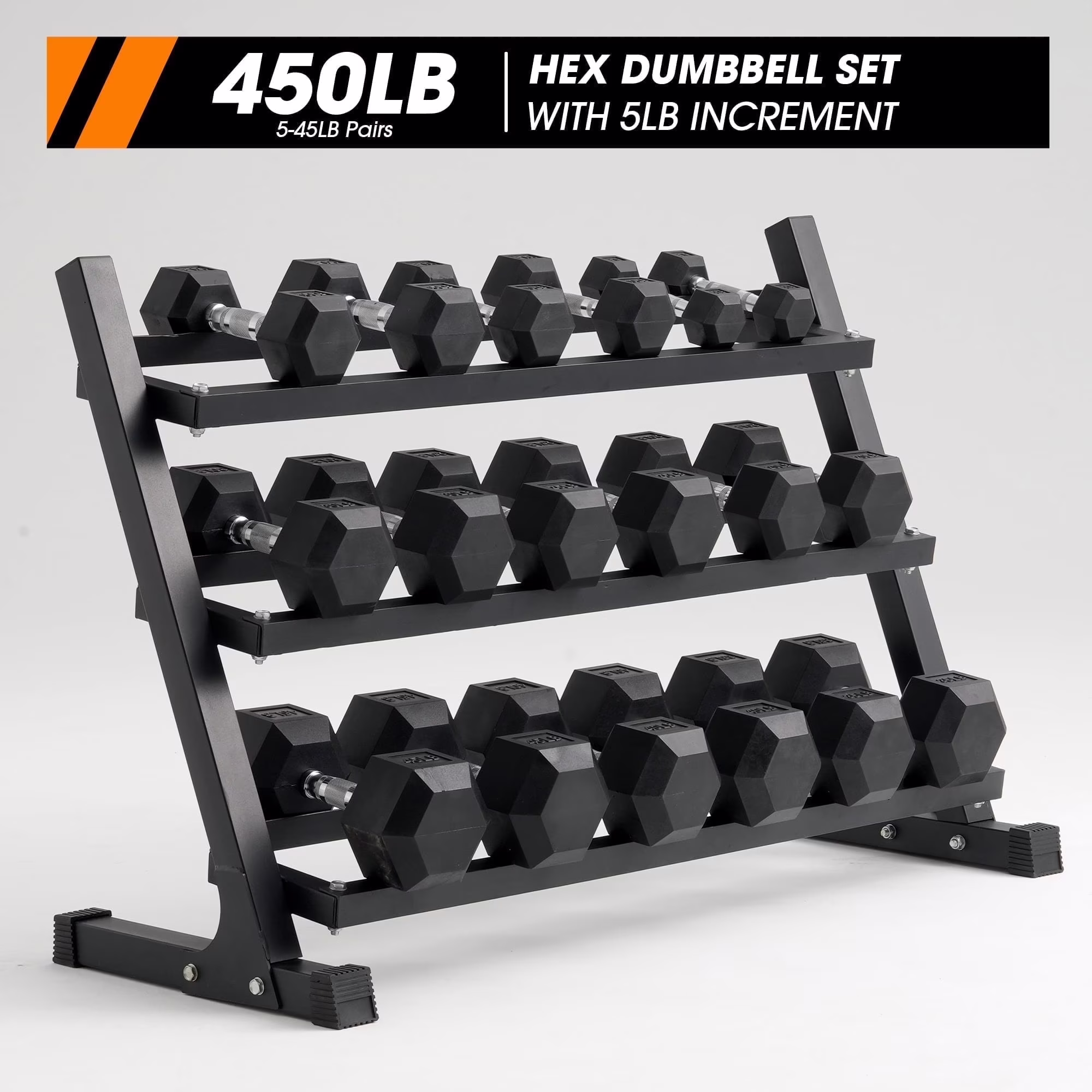 Mikolo Rubber Hex Dumbbell Set with Racks, Option in 450lbs, Strength Training Weight Set Home Gym