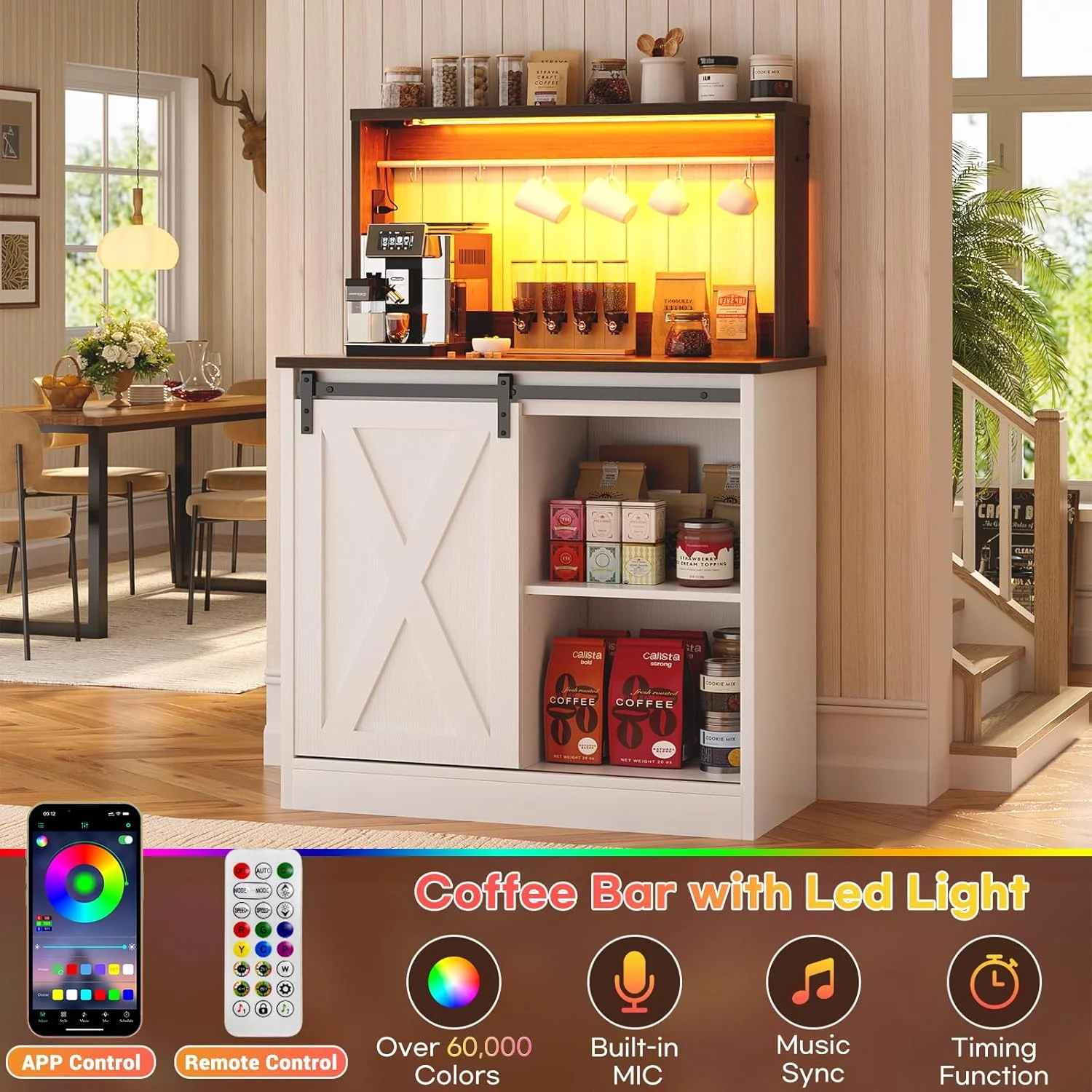 Homieasy Farmhouse Coffee Bar Cabinet with Charging Station, LED Lighting, Adjustable Shelves & Rustic Sliding Barn Door Design for Kitchen, Dining, or Living Room, Black Oak