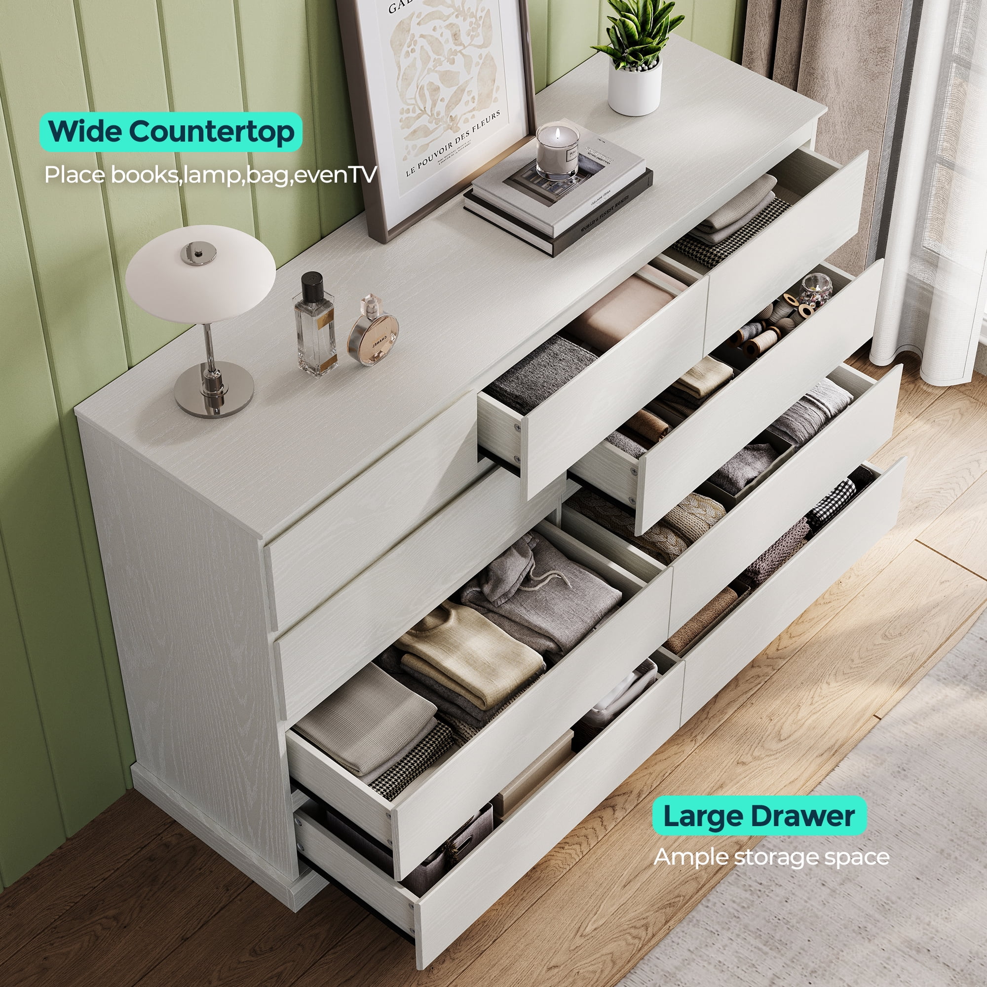 Linsy Home Modern Wood Dressers for Bedroom, Wide Chest of 9 Drawers, White