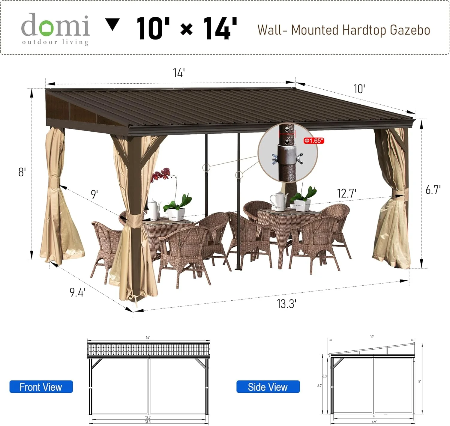 Domi Outdoor Living 10' x 12' Hardtop Lean-to Gazebo, Wall-Mounted with Galvanized Steel Roof Wall Pergola with Aluminum Frame, Curtains and Netting, for Patio, Deck, Garden, Backyard