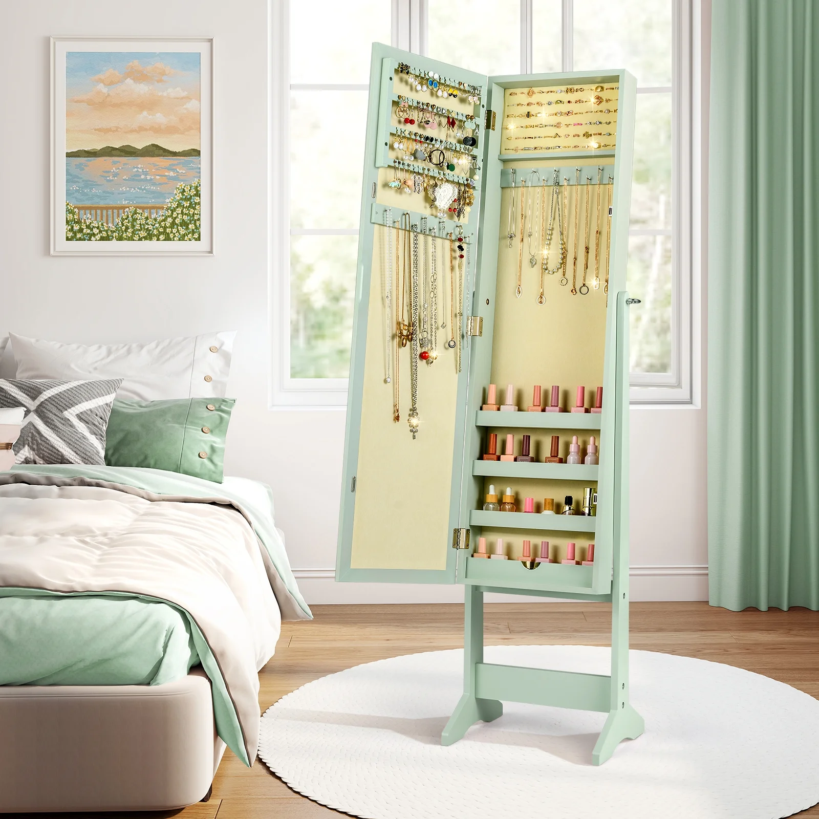 Costway Jewelry Mirrored Cabinet Armoire Organizer Storage Box w/ Stand Christmas Gift