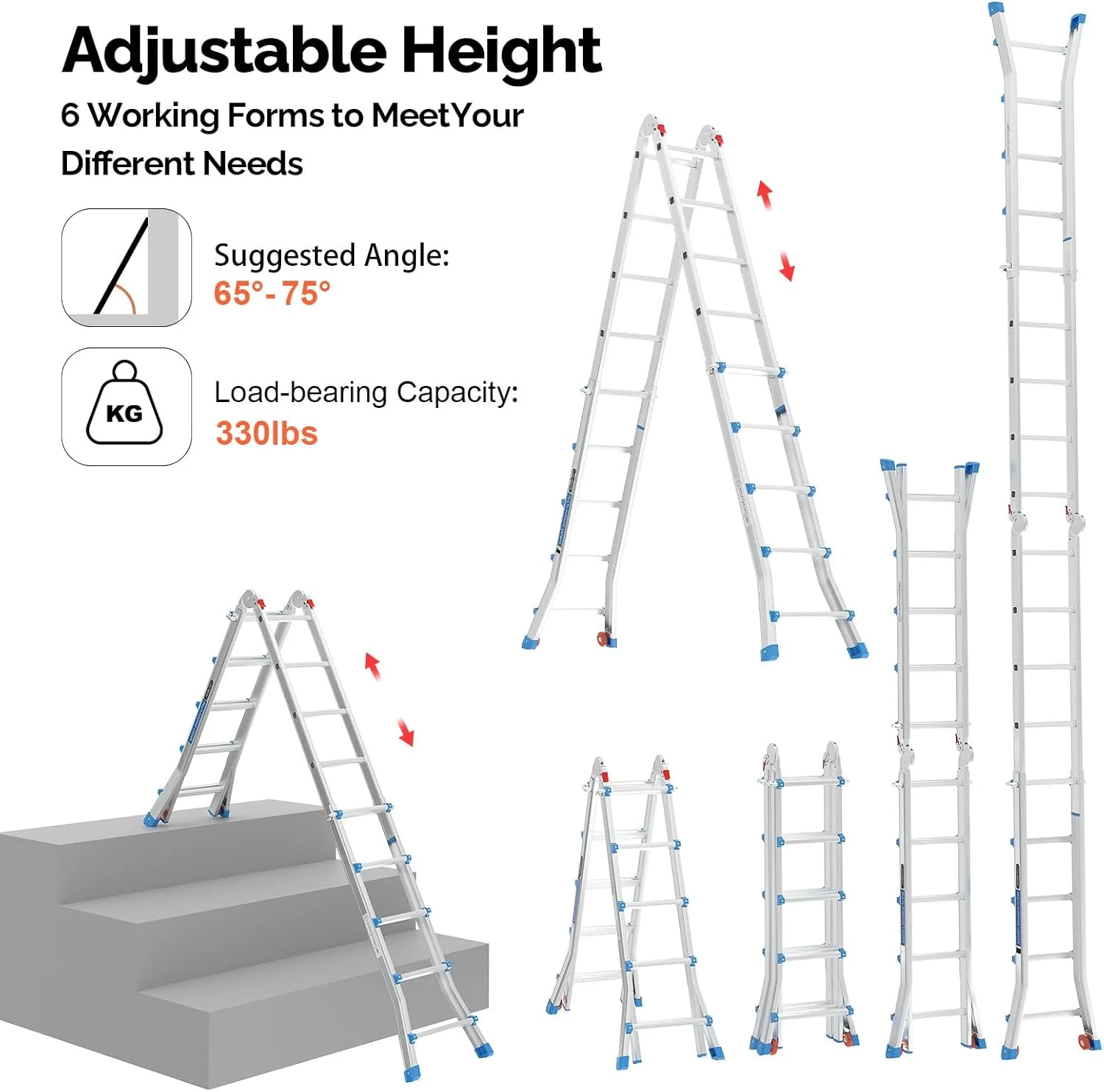 LUISLADDERS Ladder, A Frame 6 Step Ladder Telescoping Ladder, 22 Ft Reach Height Muti Position Folding Ladder Flared Leg & Wheels Design, 330 lbs Capacity Extension Ladder for Household Outdoor Work