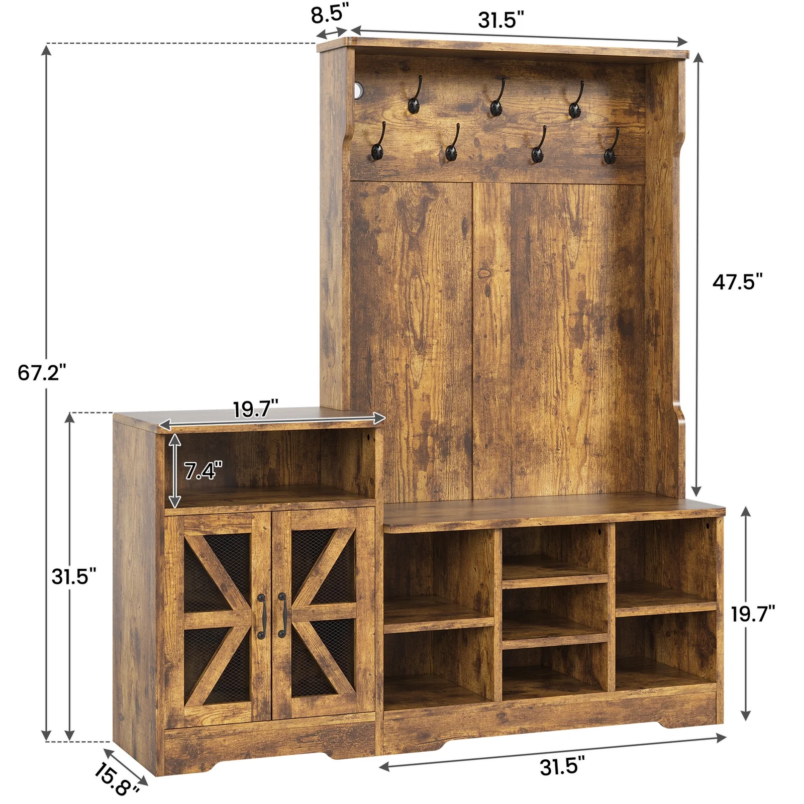 Farmhouse Wood Hall Tree with Shoe Bench and Console Table, LED 4-in-1 Coat Rack with 8 Hooks and 7 Adjustable Shoe Cubbies, Multifunctional Entryway Storage Organizer with Cabinet, Vintage White