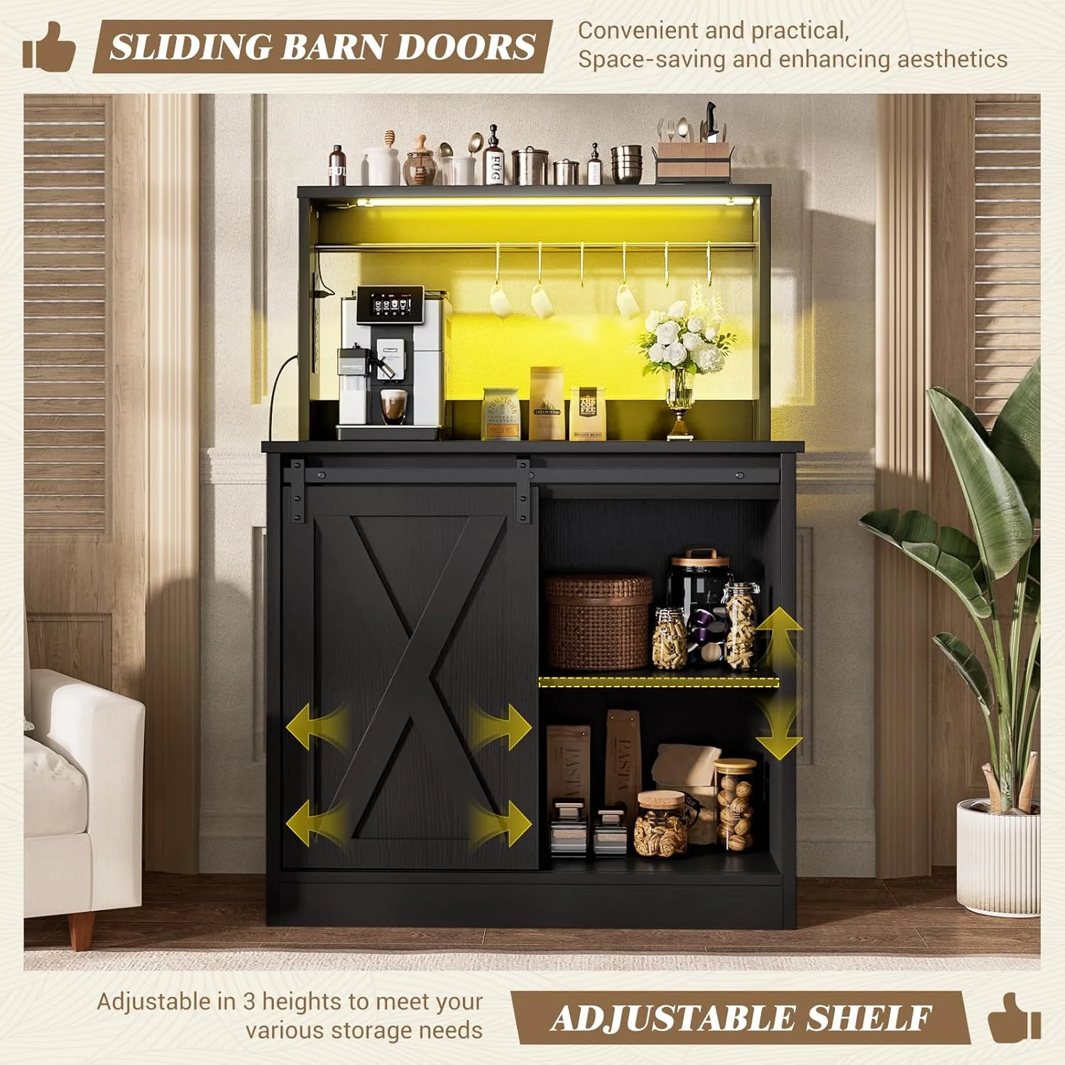 Homieasy Farmhouse Coffee Bar Cabinet with Charging Station, LED Lighting, Adjustable Shelves & Rustic Sliding Barn Door Design for Kitchen, Dining, or Living Room, Black Oak
