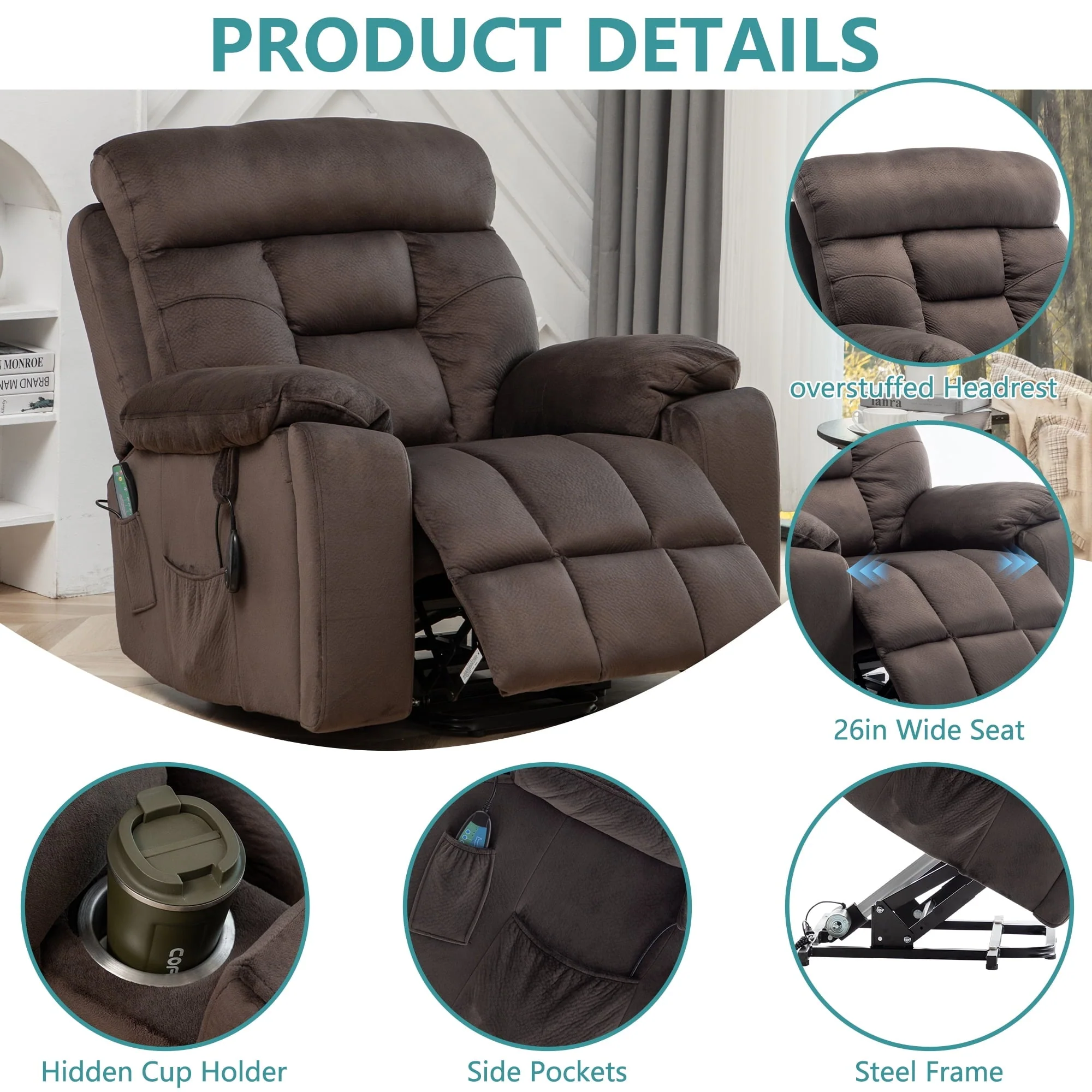 uhomepro Oversized Massage Recliner Chair with Heat, Large Electric Power Lift Recliner Chair for Big and Tall and Elderly with Hidden Cup Holder, 5 Vibration Modes, 330lb, Dark Brown