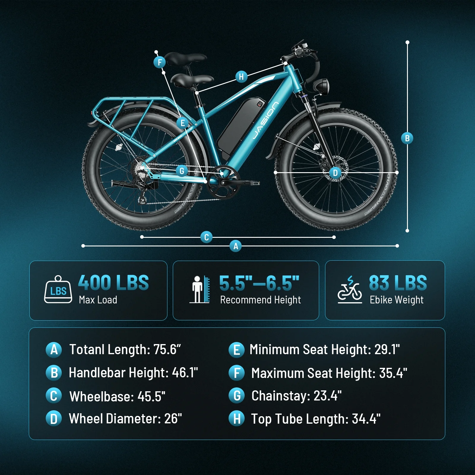 Jasion EB5 MAX Electric Bike for Adults, 750W Electric Mountain Bike with 48V 15Ah Battery, 26'' Fat Tire Off-Road Ebike, 28MPH Shimano 7 Speed Bicycle UL2849